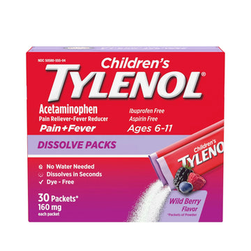 Children's Tylenol Dissolve Packs for Pain Relief, Fever Medication, 160 mg Acetaminophen, Dye Free, Kids' Powder Packets for Cold & Flu Symptom Relief; Wild Berry Flavor, 30 ct.; Pack of 1 Tylenol Au supplements