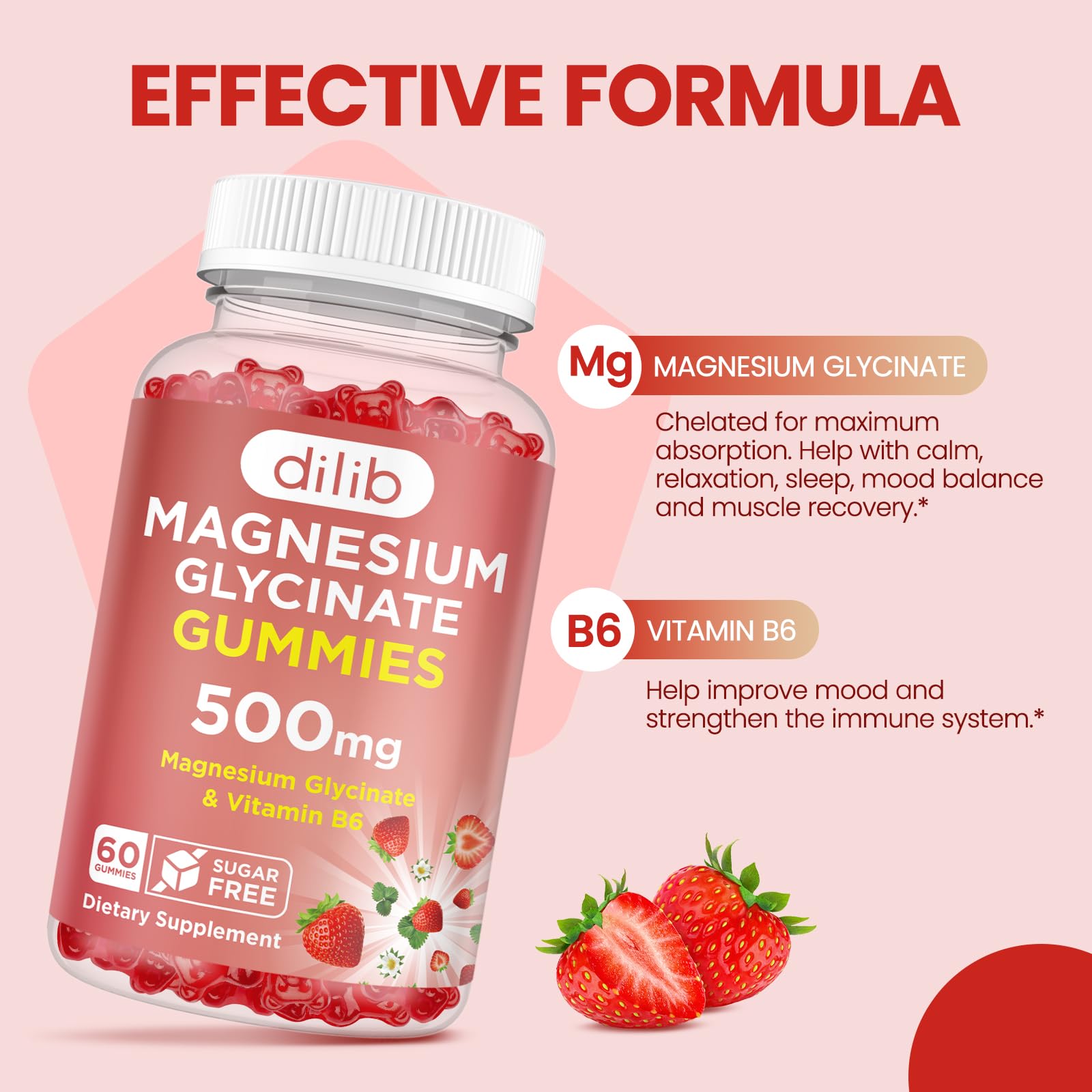 Magnesium Glycinate Gummies 500mg - Magnesium Supplement with Vitamin B6 for Adults & Magnesium for Kids - Calm Magnesium for Sleep, Mood, Muscle Support - Strawberry Flavor, 60 Gummies dilib Au supplements