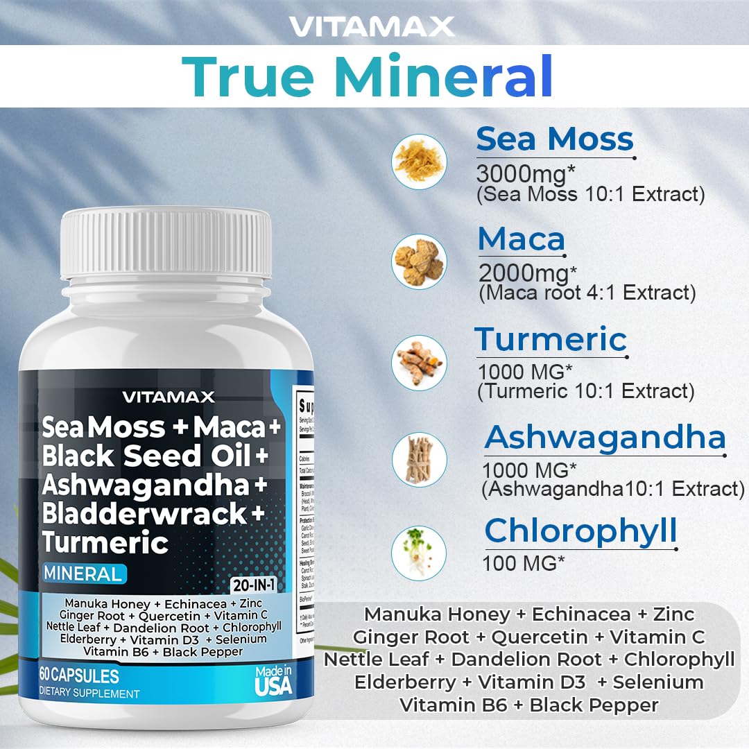 Sea Moss, Maca, Black Seed Oil, Ashwagandha, Bladderwrack, Turmeric Vitamax Au supplements