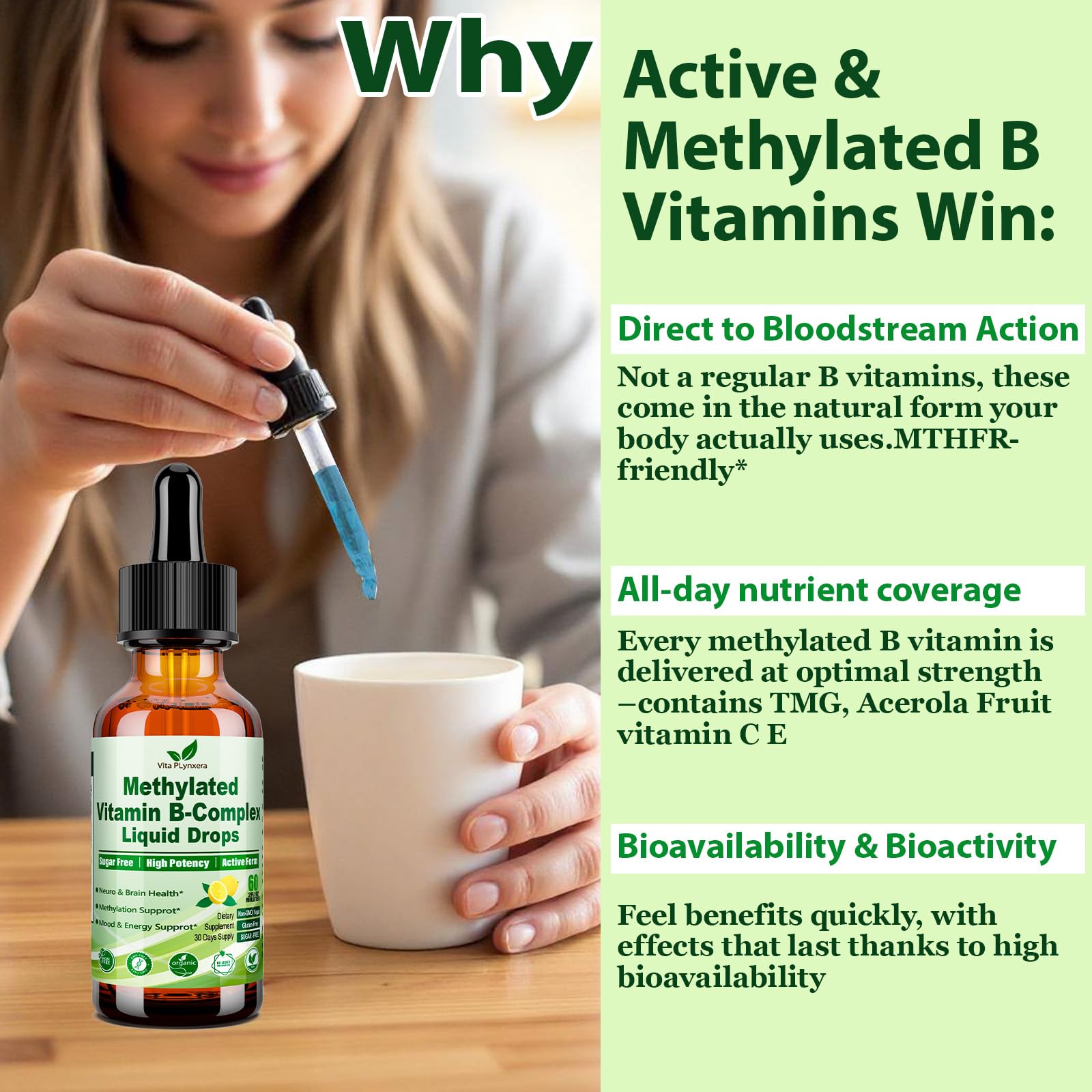 Methylated B Complex Liquid Drop Complete 9-in-1 Methyl B Vitamins w. B12 Methylfolate Inositol Choline TMG Vitamin C E, Super B-Complex Methylated for MTHFR Support, Energy Mood Nerve & Brain Health1 Vita PLynxera Au supplements
