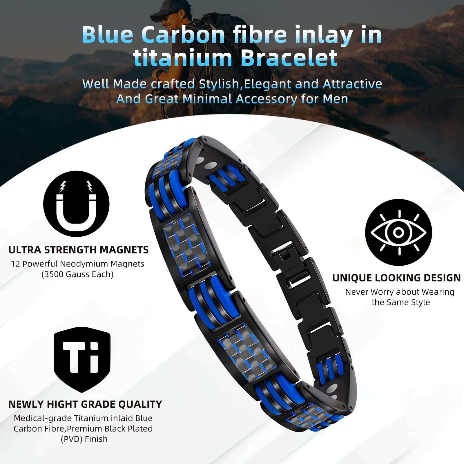 JEROOT Magnetic Bracelets for Men, Blue Carbon Fiber Pure Titanium Magnetic Bracelet JEROOT Au supplements