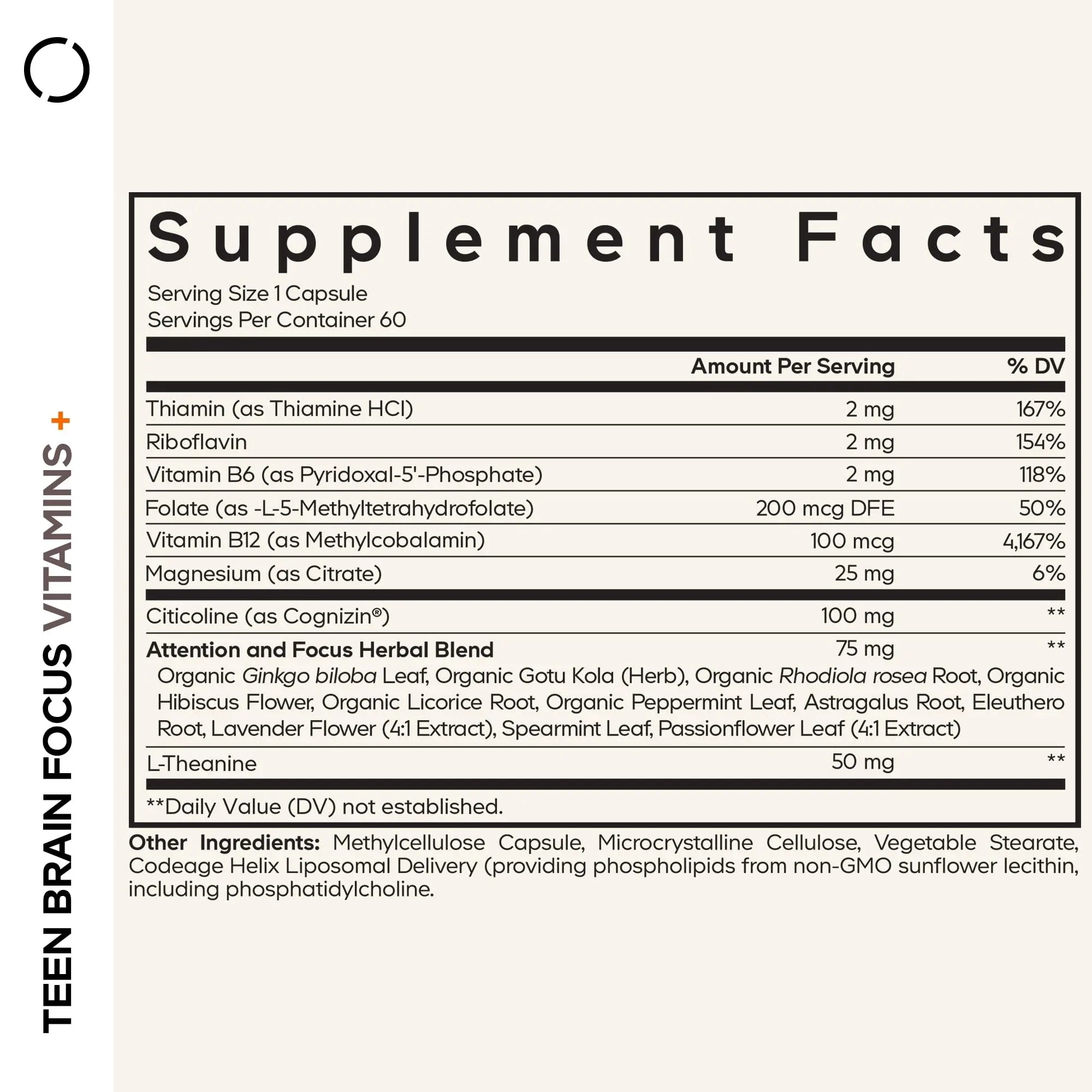 Codeage Teen Brain Focus Vitamins+ Citicoline Cognizin, L-Theanine, Ginkgo, Rhodiola, Lavender, Magnesium, Vitamin B6, B12, Folate Codeage Au supplements