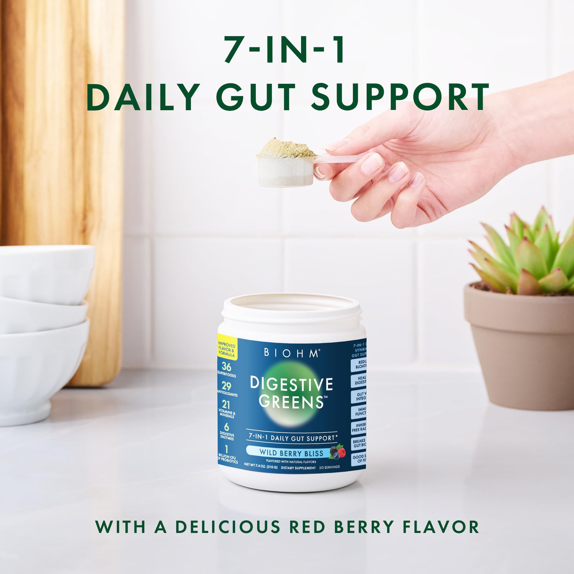 BIOHM Digestive Greens, Green Superfood Powder (7.4 Oz, 30 Servings) Immune & Gut Health Support with Antioxidants, Vitamins, Probiotics & Enzymes, Good Source of Fiber, Berry Flavor BIOHM Au supplements