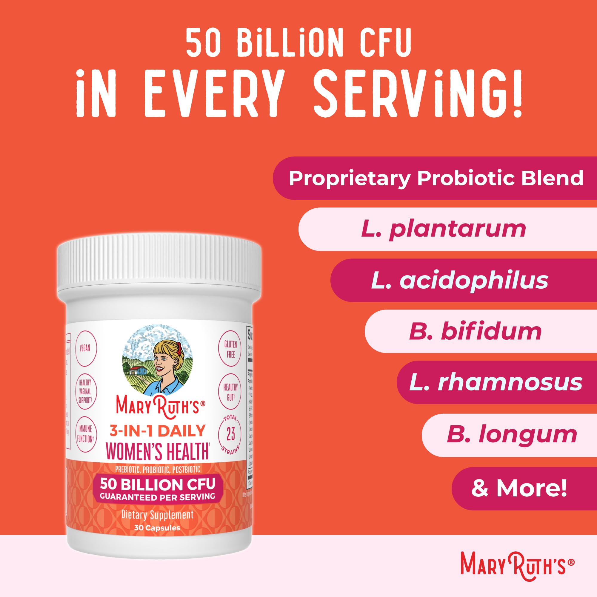 MaryRuth's 3-in-1 Daily Health Probiotics for Women | Hormone Support & Gut Health Supplement for Women | Women’s Probiotic | 50 Billion CFU | Vegan | 30 ct MARYRUTH'S Au supplements