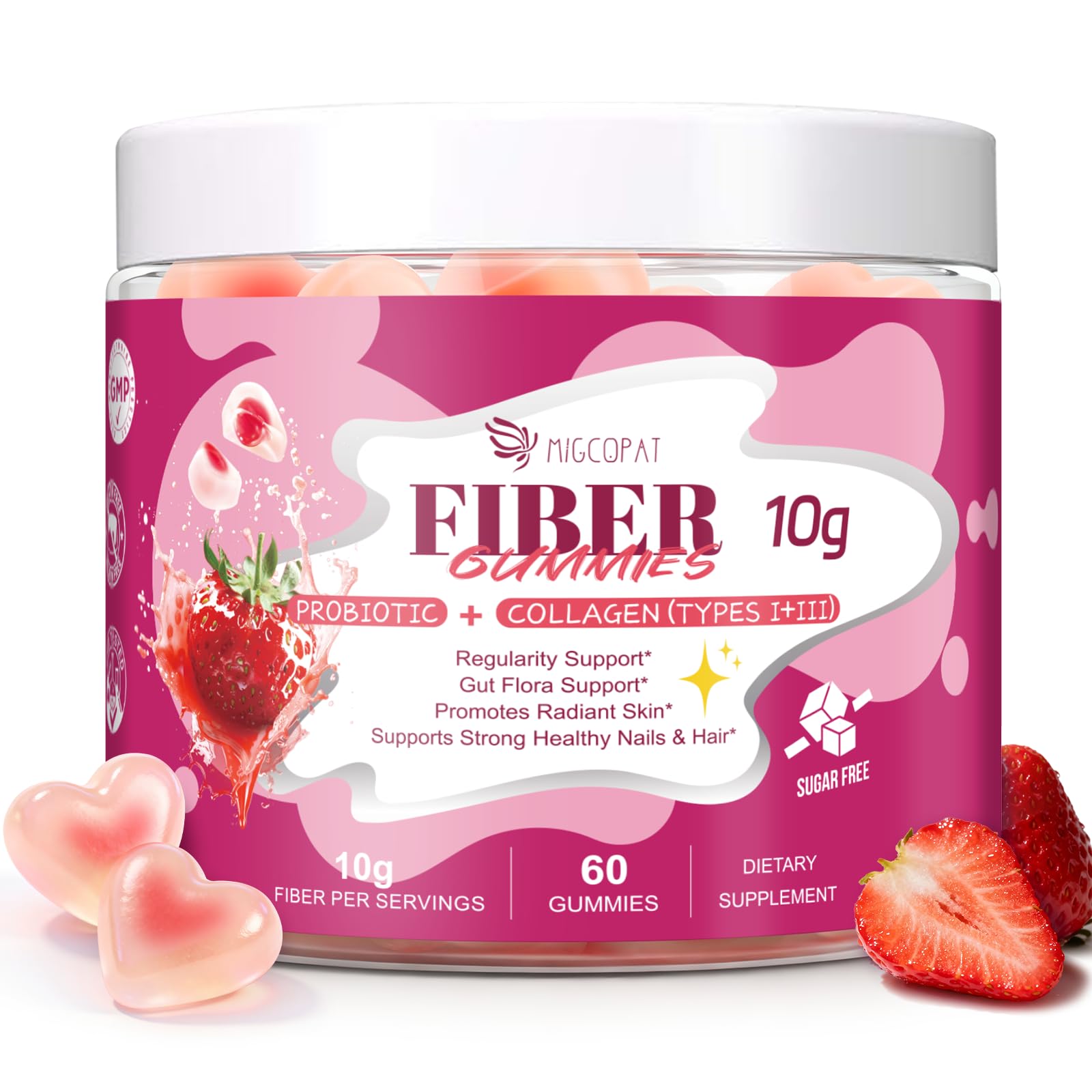 Migcopat 10G Fiber Gummies with Collagen Peptides, Hyaluronic Acid, Vitamin C, ACV, 30 Billion CFU Probiotics – Sugar Free Collagen Gummy for Skin, Hair & Nails – Digestive Health Support – 60 Cts Migcopat Au supplements