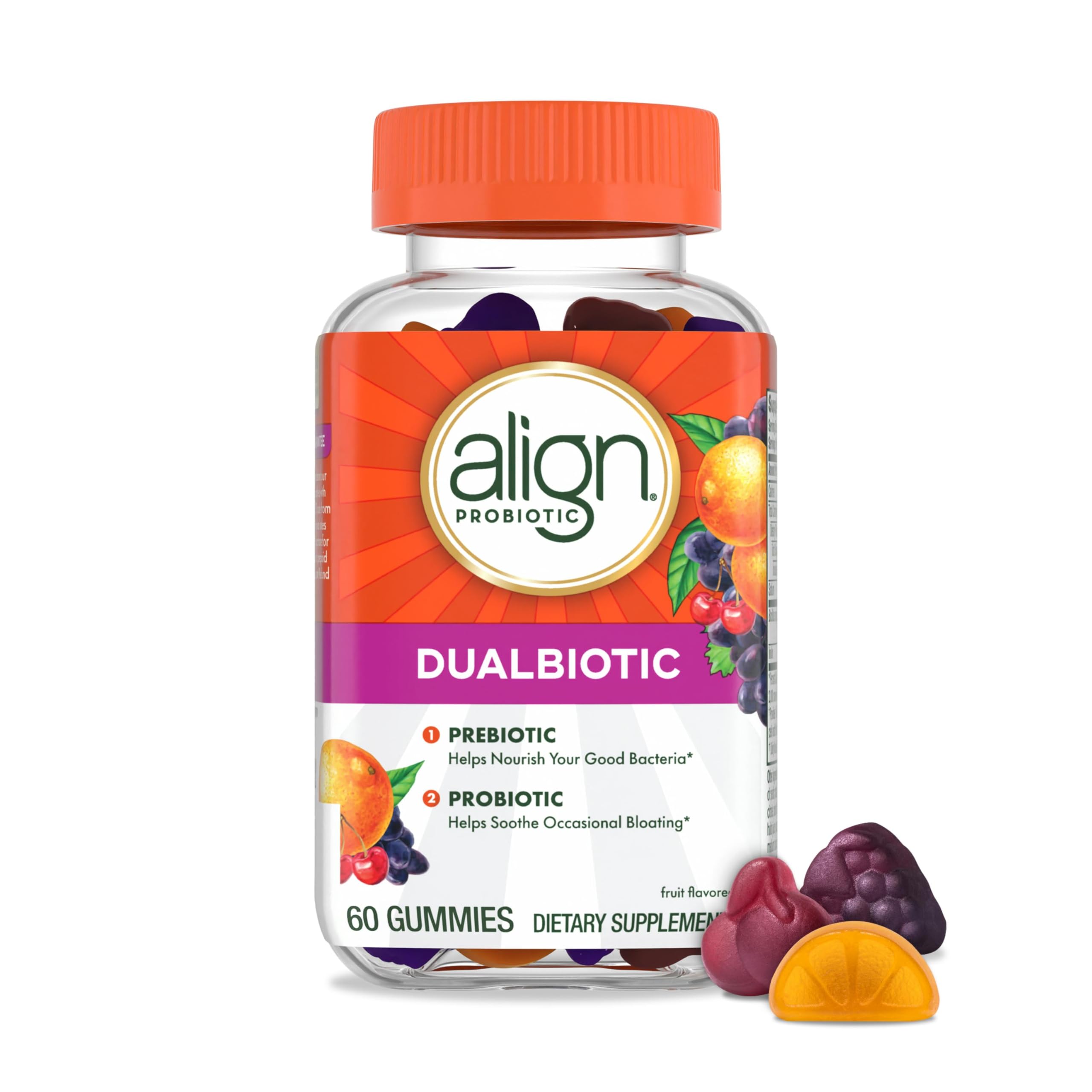 Align Dualbiotic, Prebiotics and Probiotics for Women and Men, Probiotics for Digestive Health, Prebiotics Help Nourish Good Bacteria, Natural Fruit Flavors, 60 Probiotic Gummies Align Au supplements