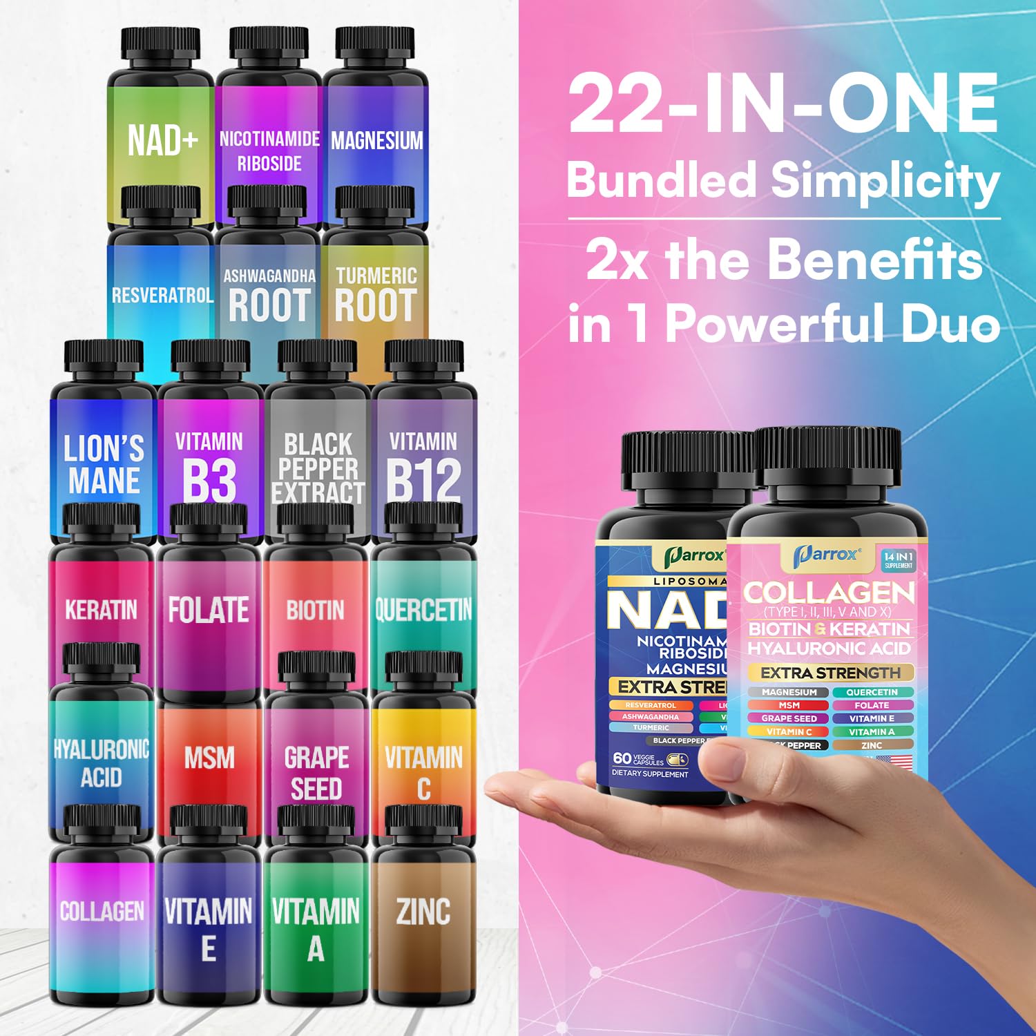 Parrox Forever Young Set with Liposomal NAD, Nicotinamide Riboside, Magnesium, Resveratrol, Lion's Mane, Collagen Peptides Types I, II, III, V and X, Biotin & Keratin, Hyaluronic Acid, Zinc, Quercetin Parrox Au supplements