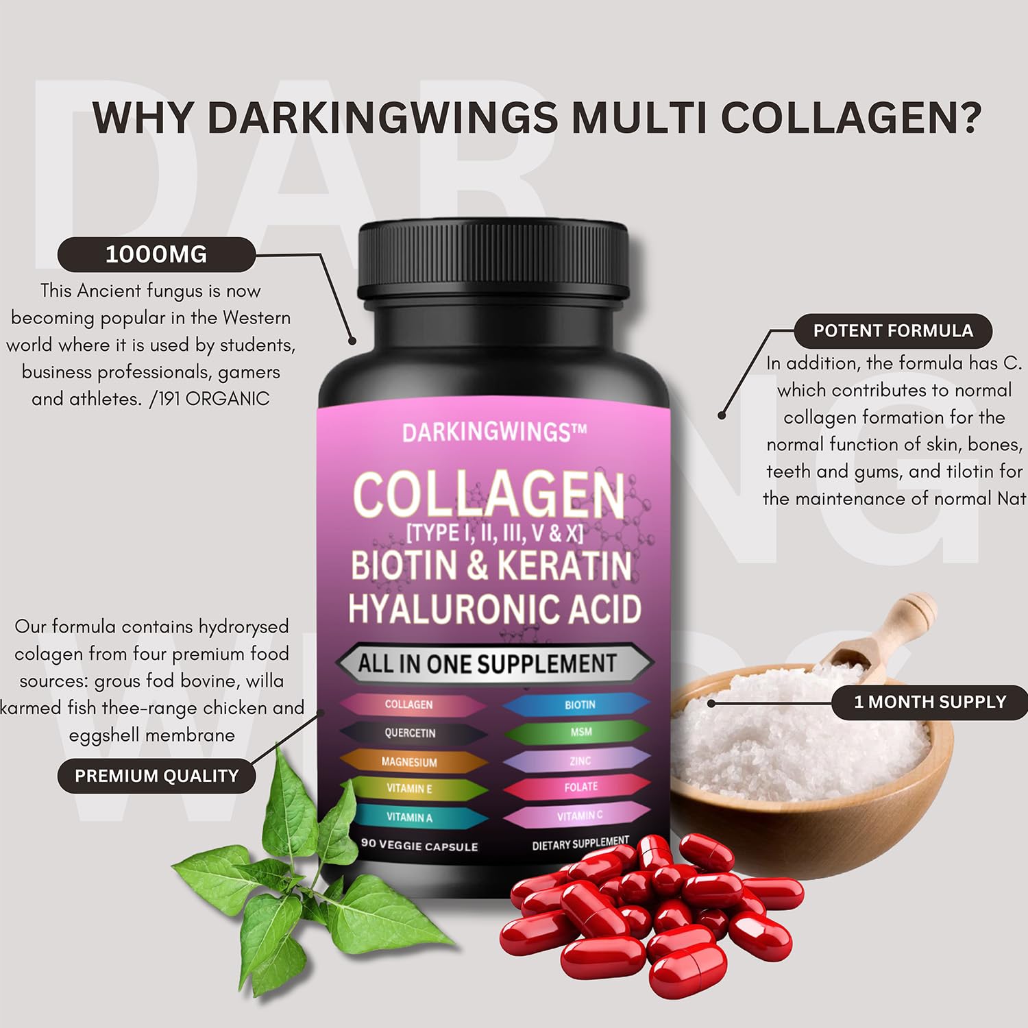 Multi Collagen Pills Peptides Types I, II, III, V & X MCG Biotin Keratin Hyaluronic Acid MSM Vitamin C Zinc Magnesium with Grape Seed Extract, Quercetin - Hair Skin and Nails Vitamins Capsule Darkingwings Au supplements