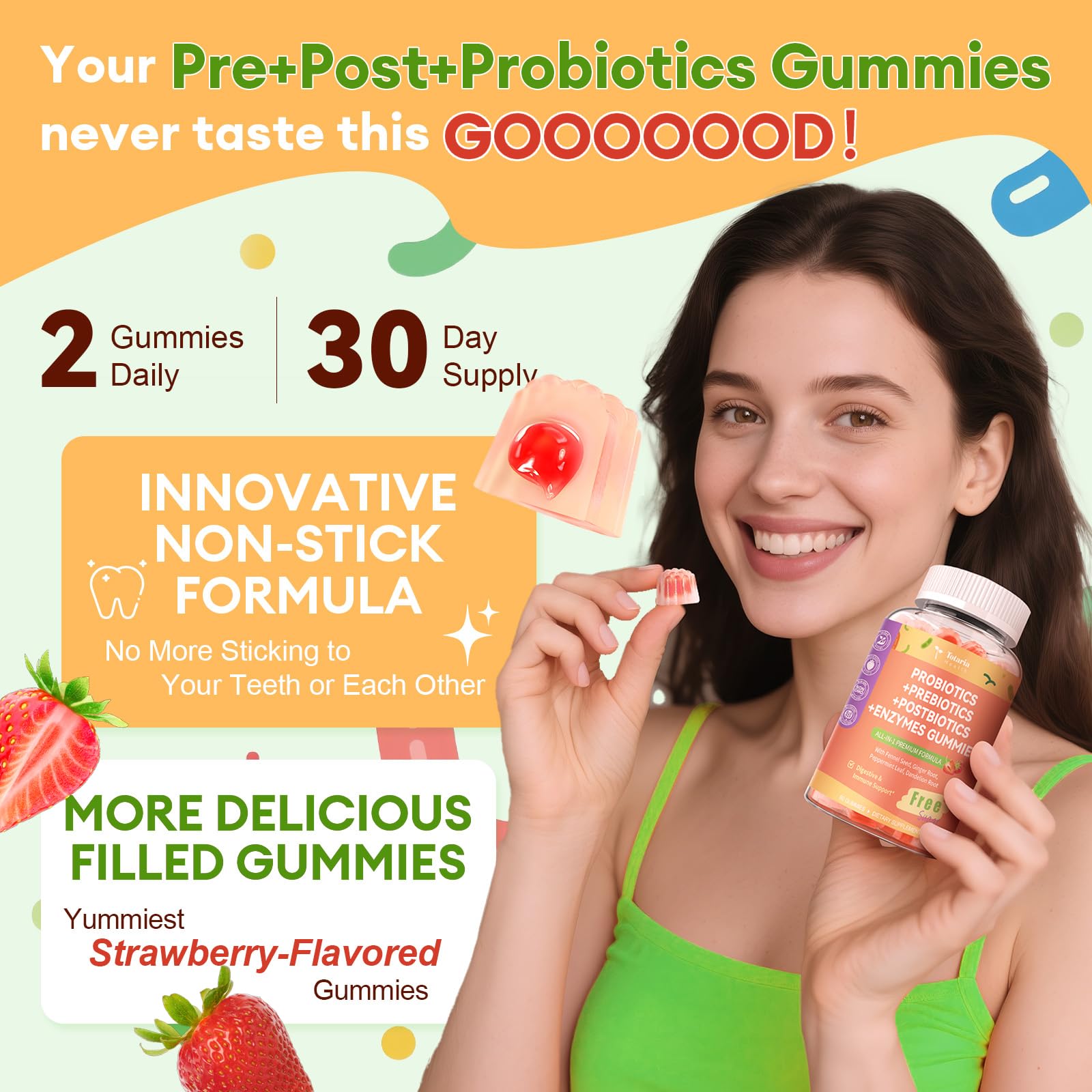 (2 Packs) Totaria Sugar Free 5-in-1 Probiotic Prebiotic Postbiotic Gummy, Probiotics for Women Men with Digestive Enzymes, Peppermint, Complete Immune, Gut & Digestive Support, Vegan Strawberry Flavor Totaria Au supplements