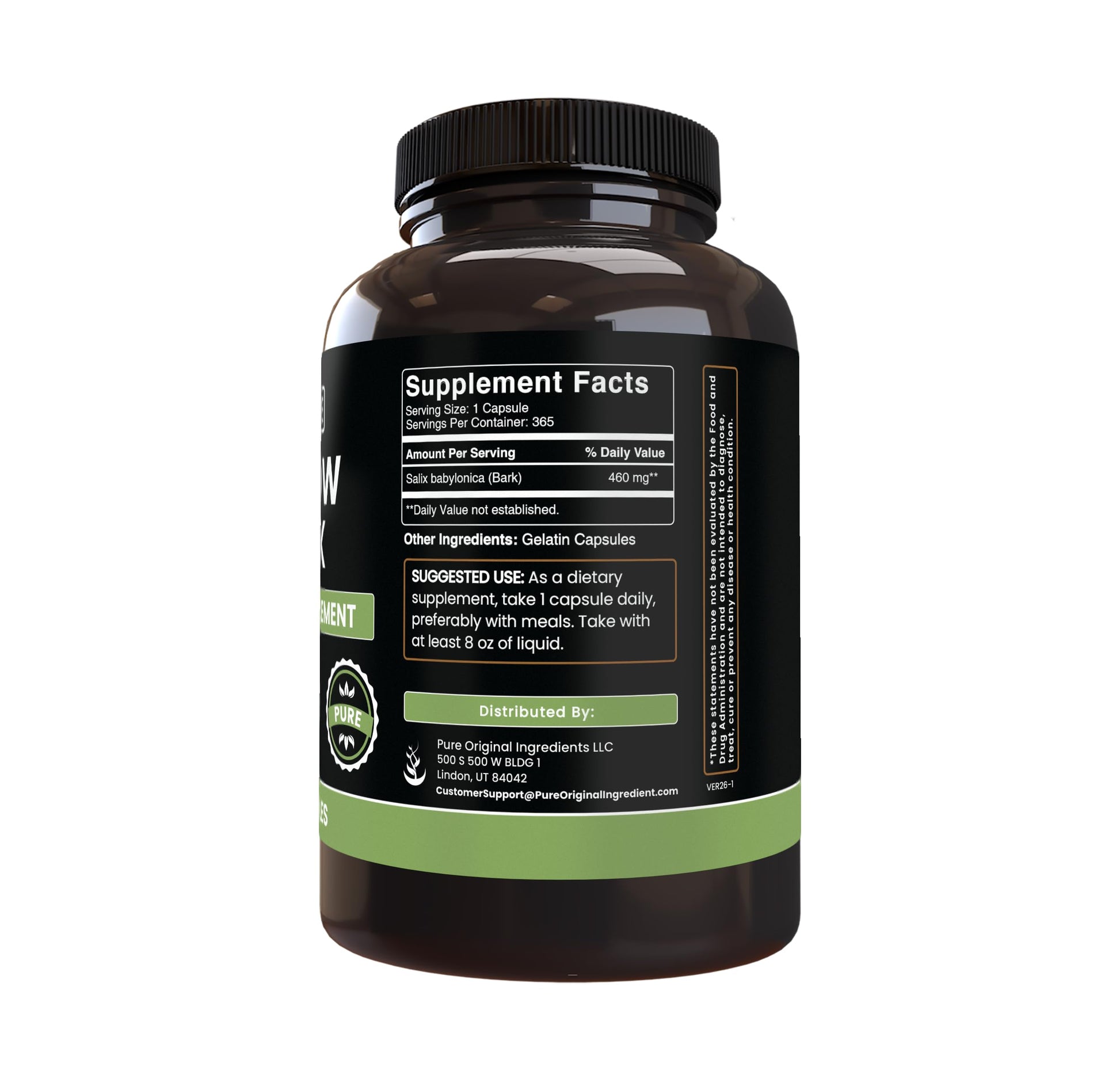 PURE ORIGINAL INGREDIENTS Willow Bark Extract (365 Capsules) No Magnesium Or Rice Fillers, Always Pure, Lab Verified PURE ORIGINAL INGREDIENTS Au supplements