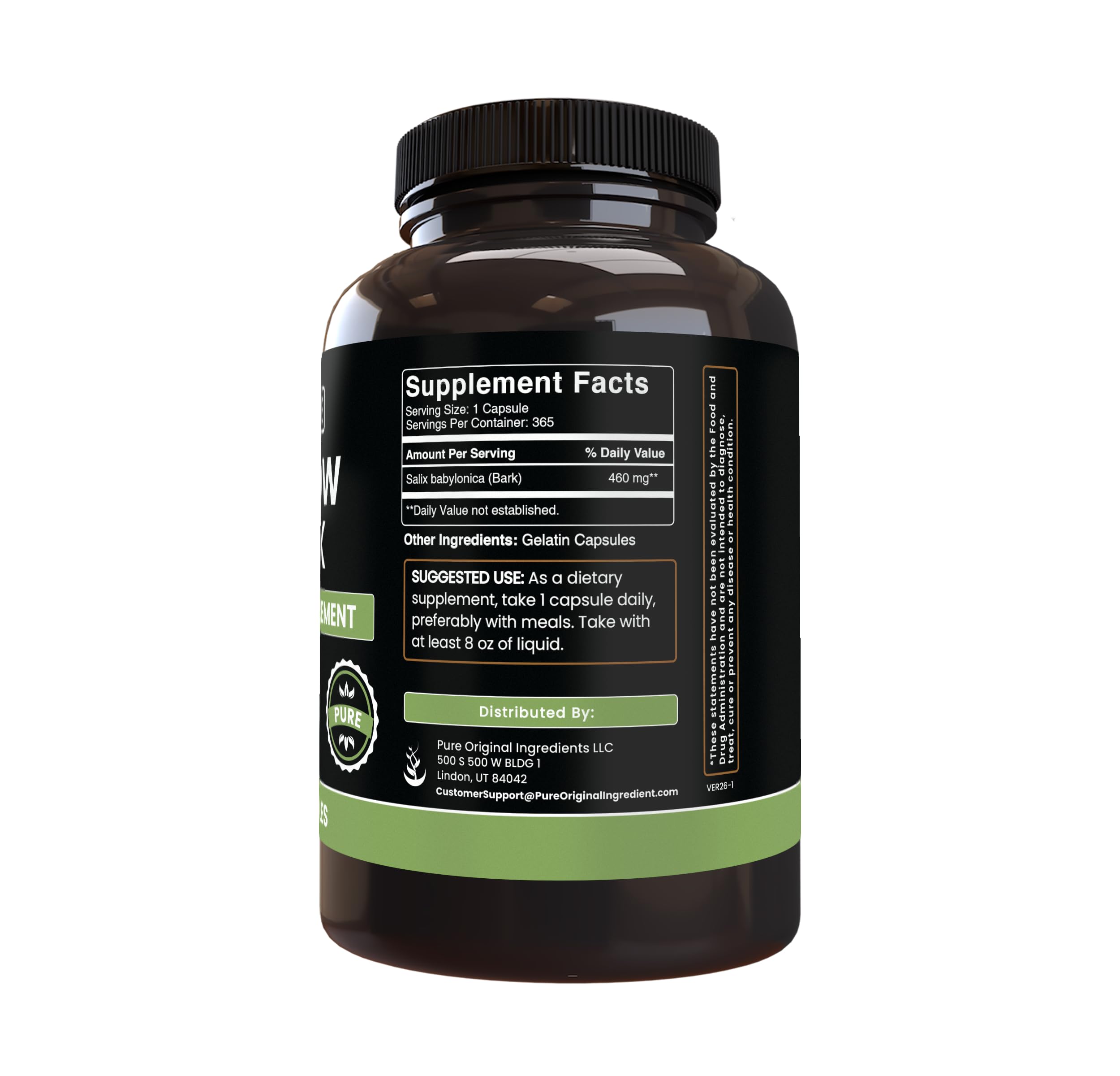 PURE ORIGINAL INGREDIENTS Willow Bark Extract (365 Capsules) No Magnesium Or Rice Fillers, Always Pure, Lab Verified PURE ORIGINAL INGREDIENTS Au supplements