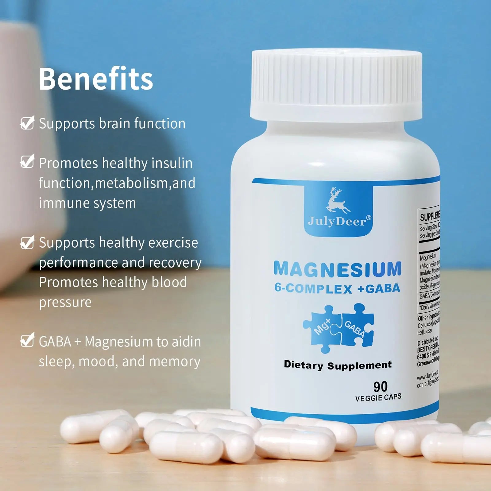 JulyDeer Sixfold Magnesium Complex | 350mg of Magnesium Glycinate, Malate, Citrate, Taurine, Oxide, Mg+ for Muscles,Nerves,& Energy, GABA Sleep Support | High Absorption | Vegan | 90 Capsules Risabou Au supplements