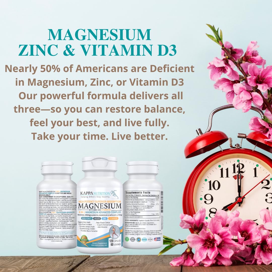 Kappa Nutrition Magnesium 4-in-1, 280mg Elemental Magnesium (Bisglycinate, Malate) + Zinc & Vitamin D3, Brain, Sleep, Energy, Muscle, Immune Support, 120 Vegan Capsules. KAPPA NUTRITION Au supplements