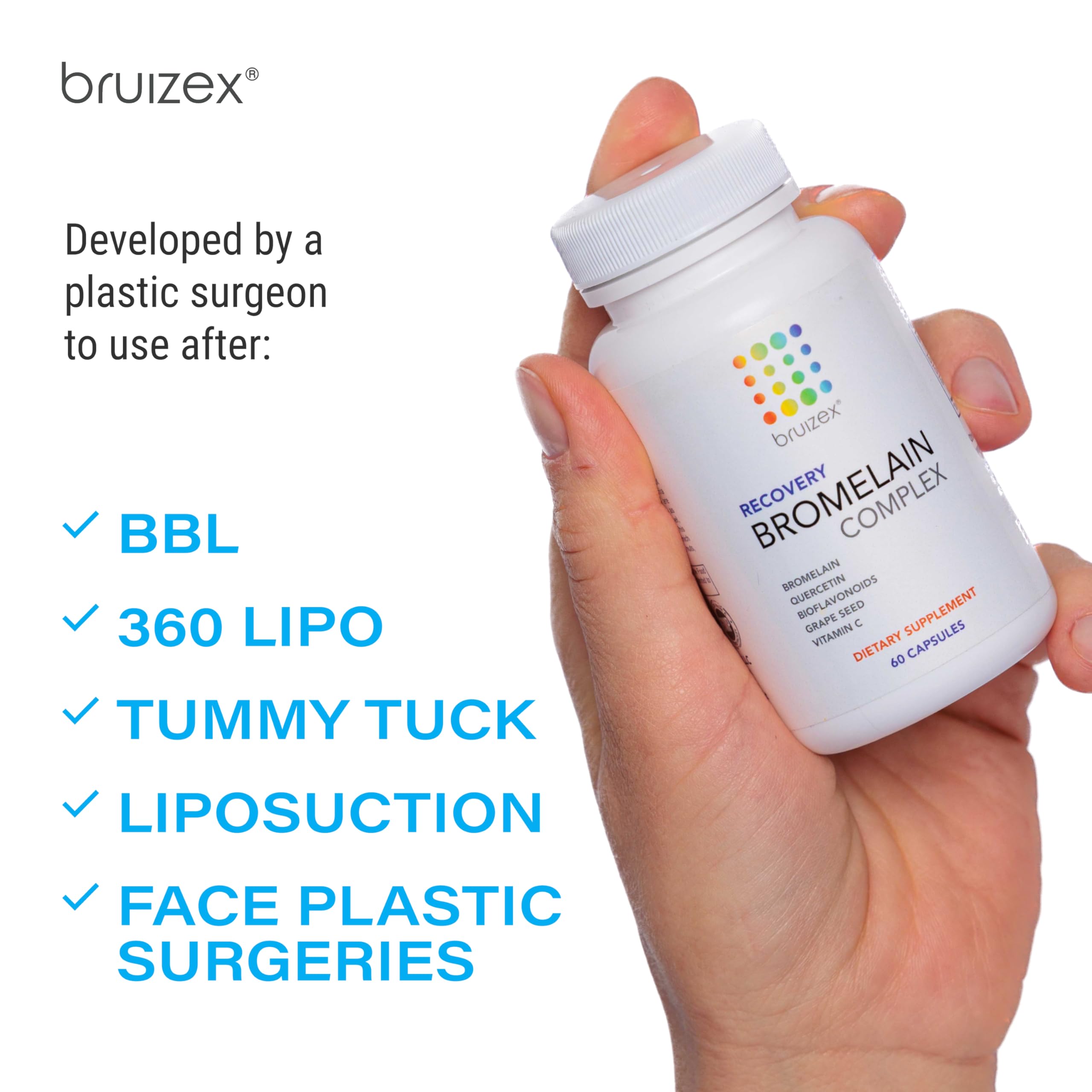Bruizex Bromelain & Quercetin Recovery Complex - Post Surgery Recovery Bruising, Swelling Relief, Lymphatic Drainage - Post 360 lipo, BBL, Liposuction, Tummy Tuck - Non GMO - 60 Capsules Bruizex Au supplements