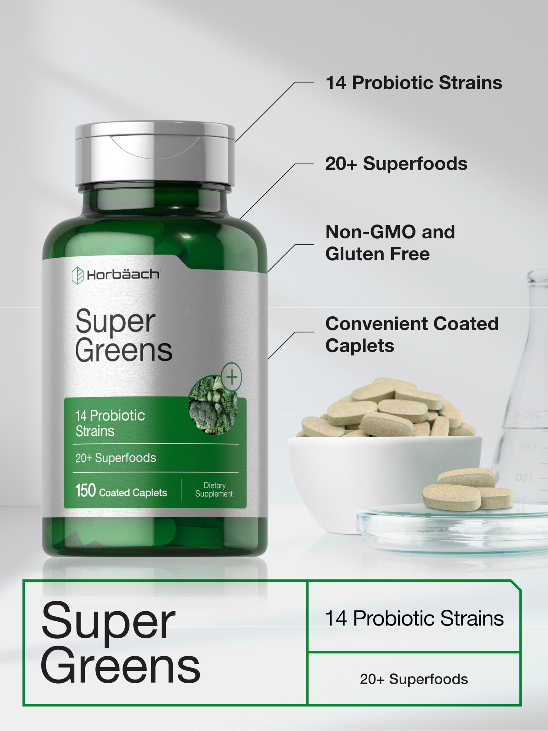 Horbäach Super Greens Supplement with Probiotics | 150 Caplets | Non-GMO, and Gluten Free Horbäach Au supplements