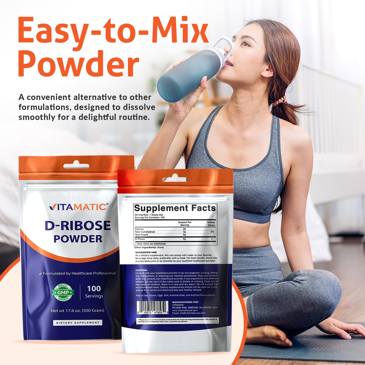 Vitamatic D-Ribose Powder 500g - 17.6 OZ (500 Gram) | Pure & Unflavored | Non-GMO | Easy-Mix Dietary Supplement Vitamatic Au supplements