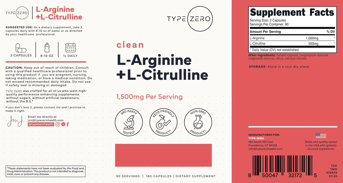 Type Zero L-Arginine + L-Citrulline Supplement (1500mg) - Nitric Oxide Booster - Clean, Keto-Friendly, GMO-Free, 180 Capsules, 90 Servings Type Zero Au supplements