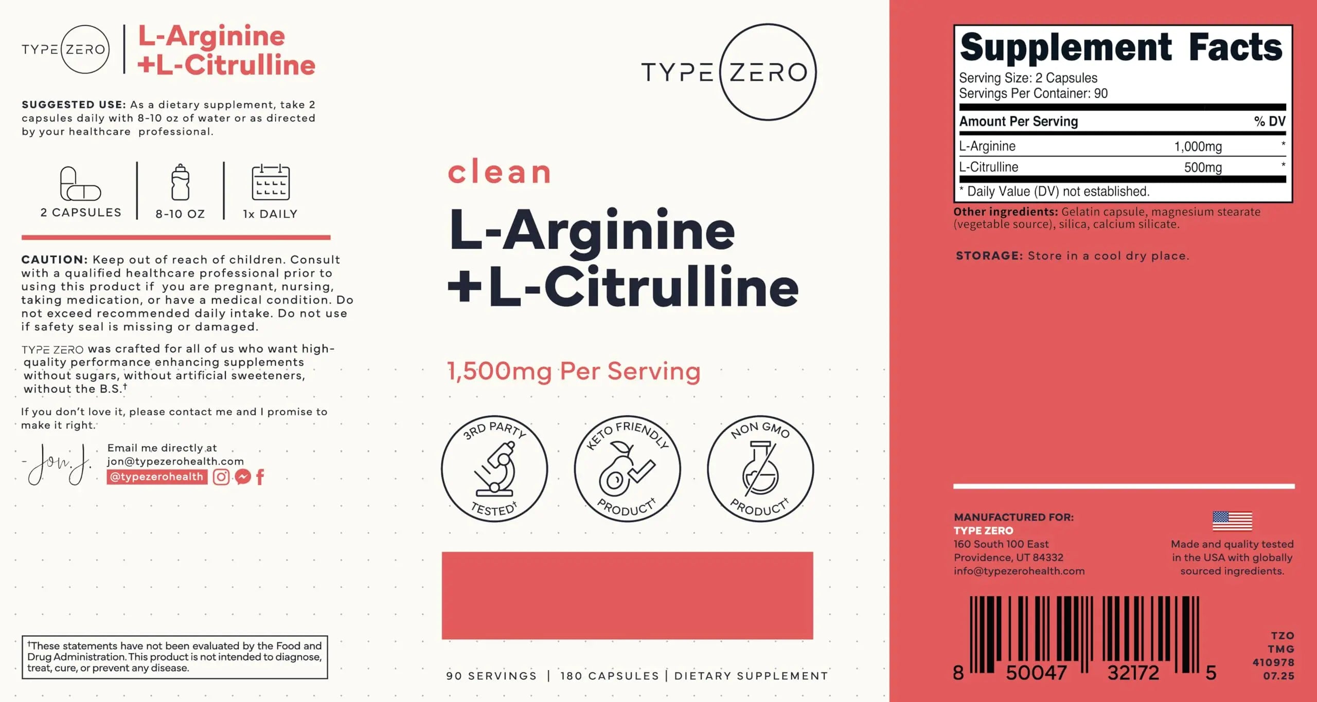 Type Zero L-Arginine + L-Citrulline Supplement (1500mg) - Nitric Oxide Booster - Clean, Keto-Friendly, GMO-Free, 180 Capsules, 90 Servings Type Zero Au supplements