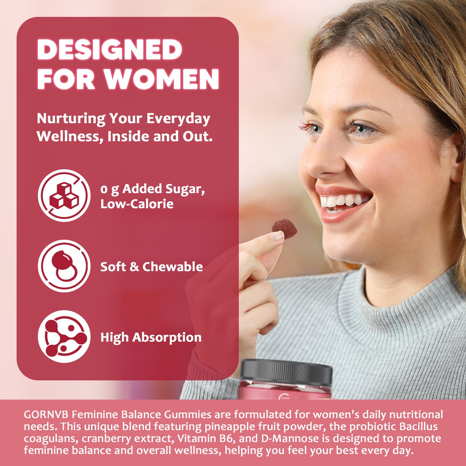 GORNVB Premium Feminine Balance Gummies for Women, Support pH Balance & Vaginal Probiotics Health Gummies with Cranberry Pineapple Powder, D-Mannose, Sugar Free, Gluten Free, Vegan GORNVB Au supplements