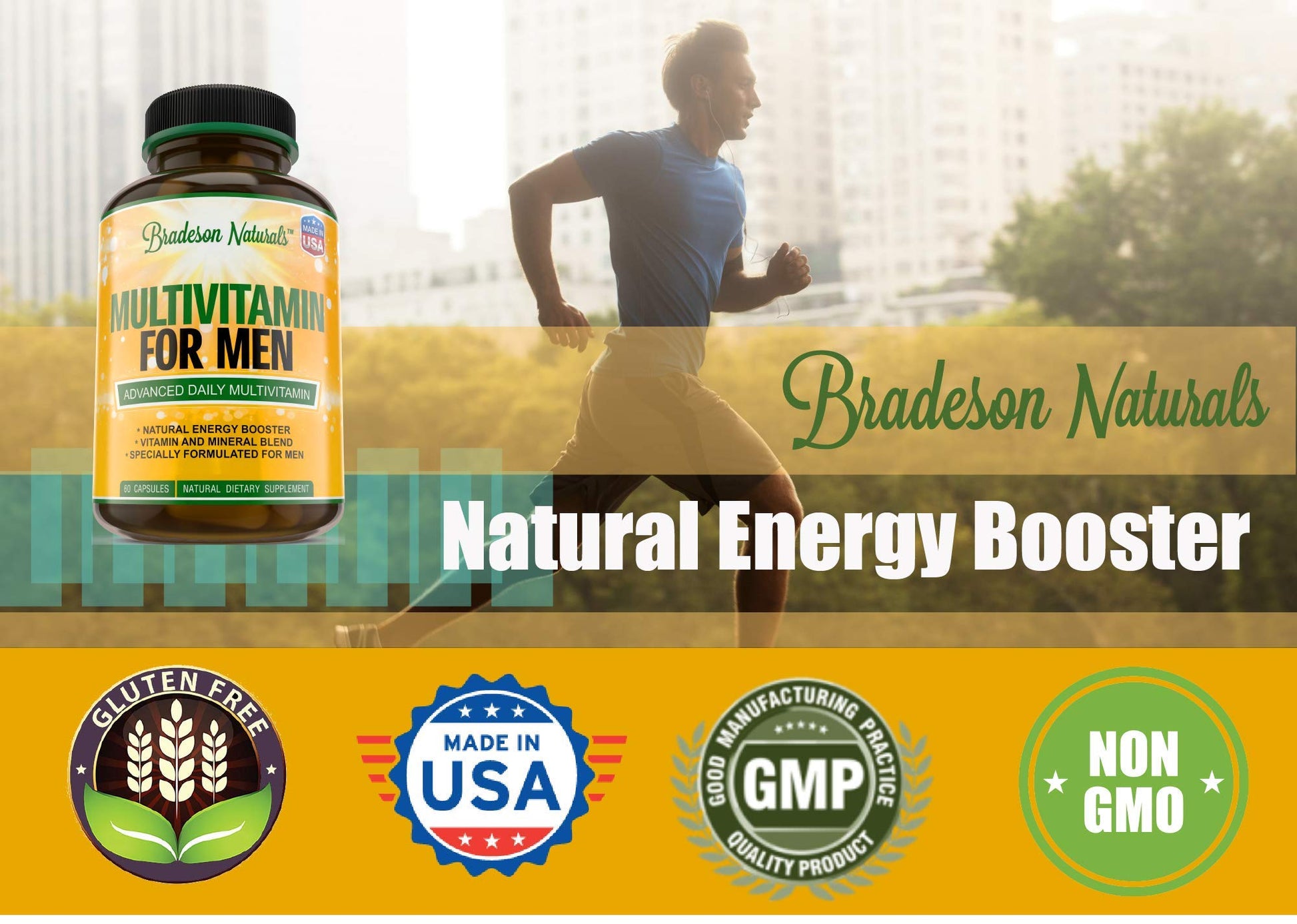 Bradeson Naturals Men's Multivitamin Supplement for Energy, Focus and Performance. Mens Vitamins A, C, D, E & B12, Zinc, Calcium, Magnesium & More. Multi Vitamin 60 Capsules Made in The USA Bradeson Naturals Au supplements