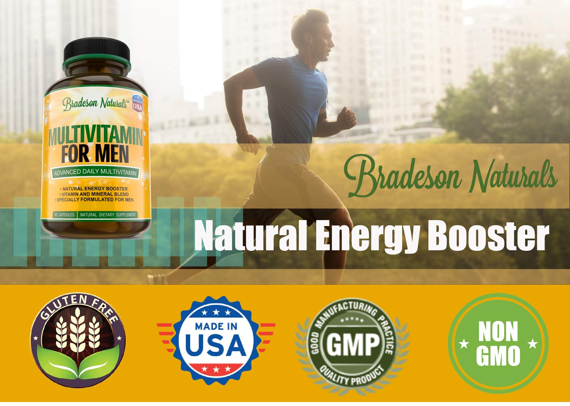 Bradeson Naturals Men's Multivitamin Supplement for Energy, Focus and Performance. Mens Vitamins A, C, D, E & B12, Zinc, Calcium, Magnesium & More. Multi Vitamin 60 Capsules Made in The USA Bradeson Naturals Au supplements
