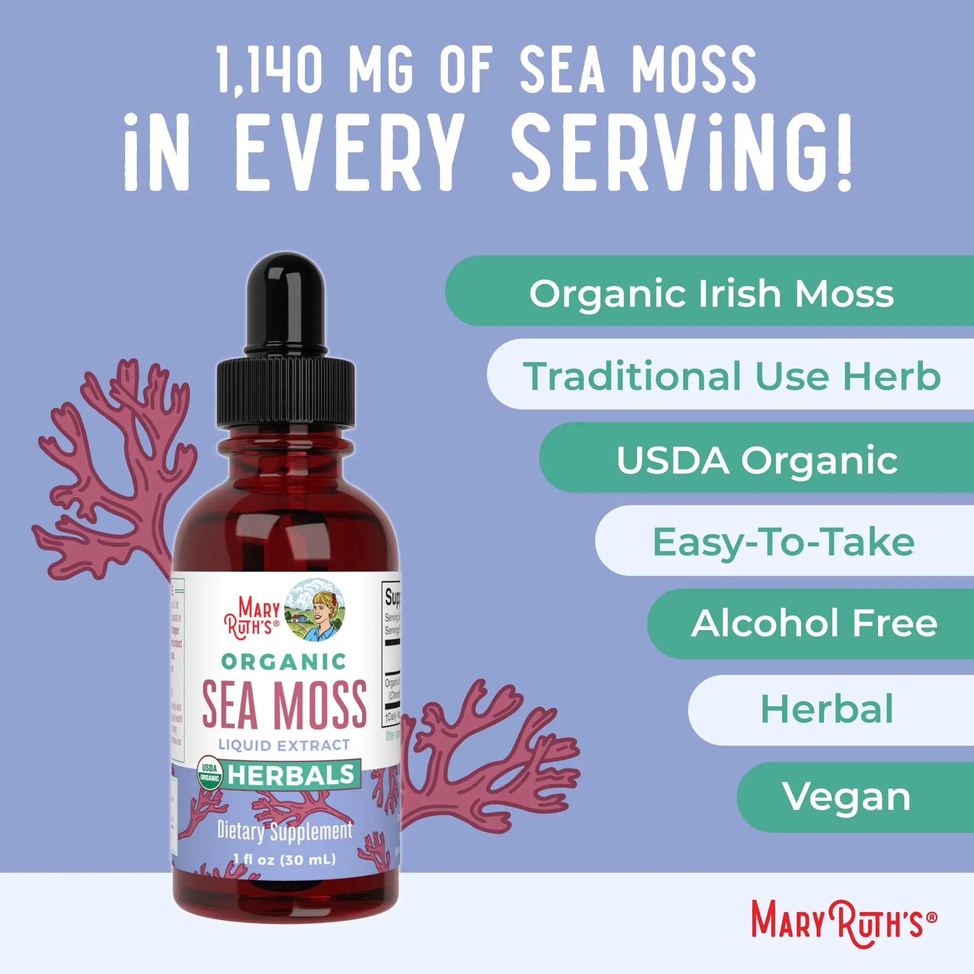 MaryRuth Organics Irish Sea Moss Liquid Drops | Chondrus Crispus | Wild Harvested | Organic Irish Moss Formulated for Adults & Kids Ages 14+ | Unflavored | Sugar Free | Vegan | Non-GMO | 1 Fl Oz MARYRUTH'S Au supplements