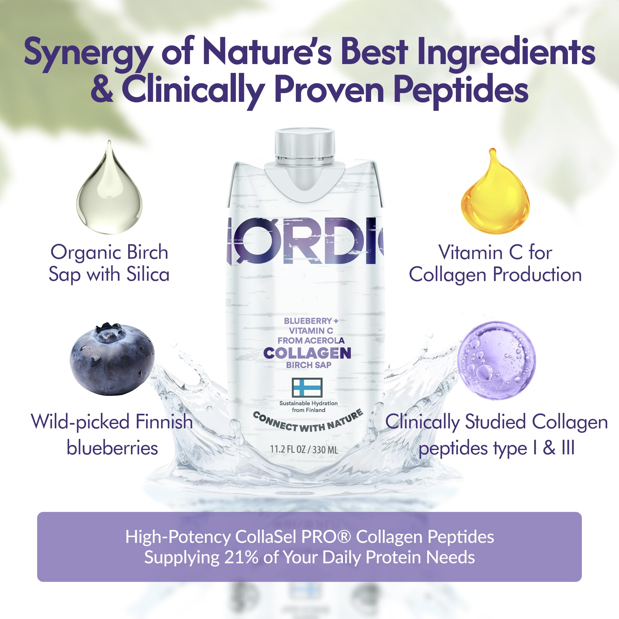 Nordic Liquid Collagen Peptide Drink, Organic Birch Sap, Wild blueberry + Vitamin C, Made in Finland - 10g Clinically Studied Grass Fed Collagen Peptides for Skin Hair Nails & Joint Support, with Silica, BPA-Free Beverage (12 Pack) Nordic Tree Water Au supplements