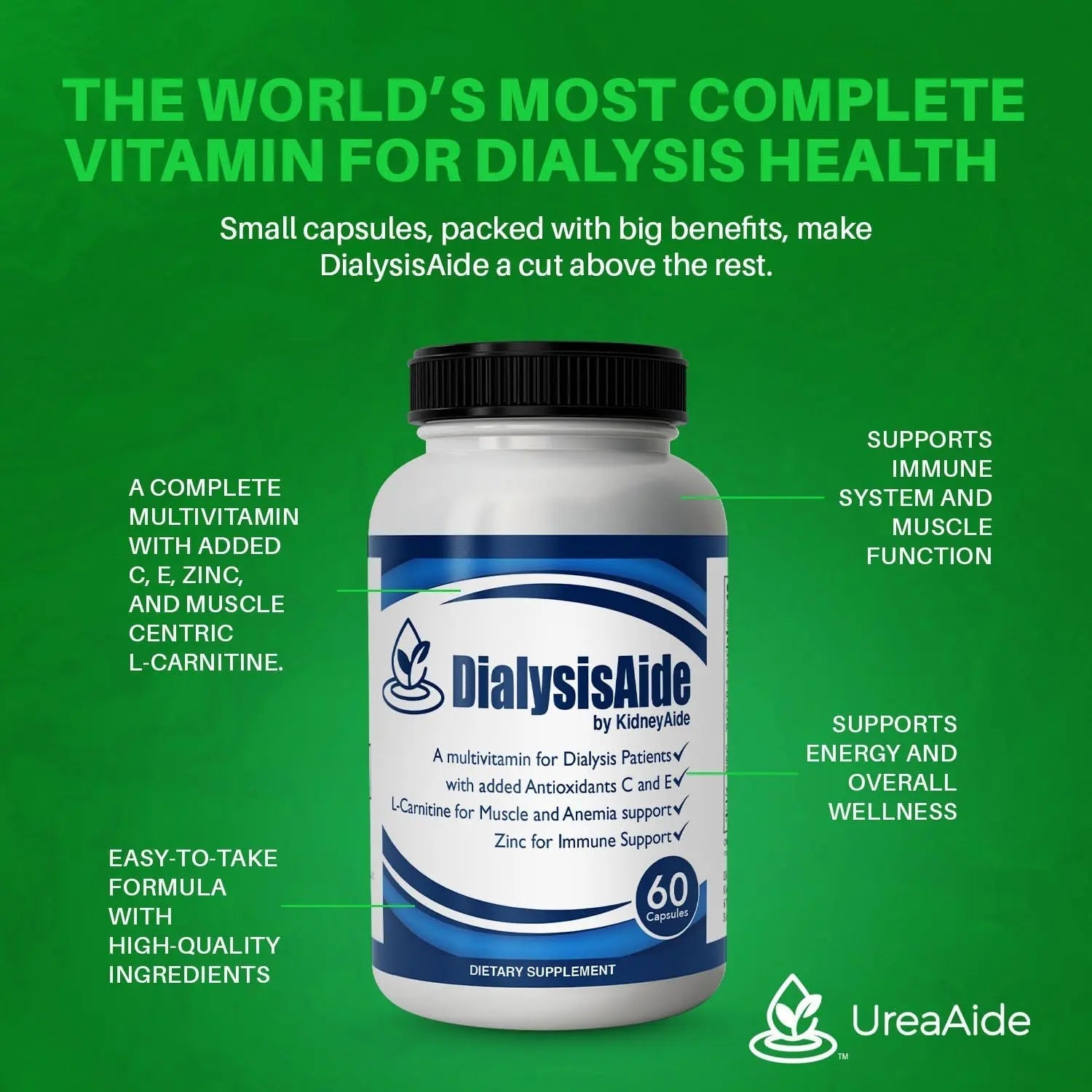 Renal Replacement Therapy Complete Multi Vitamin - 60 Capsules, 30 Day Supply, B-Complex, Antioxidant Vitamin C& E, L-Carnitine & Zinc Immune, Skin, Red Cell KidneyAide Au supplements