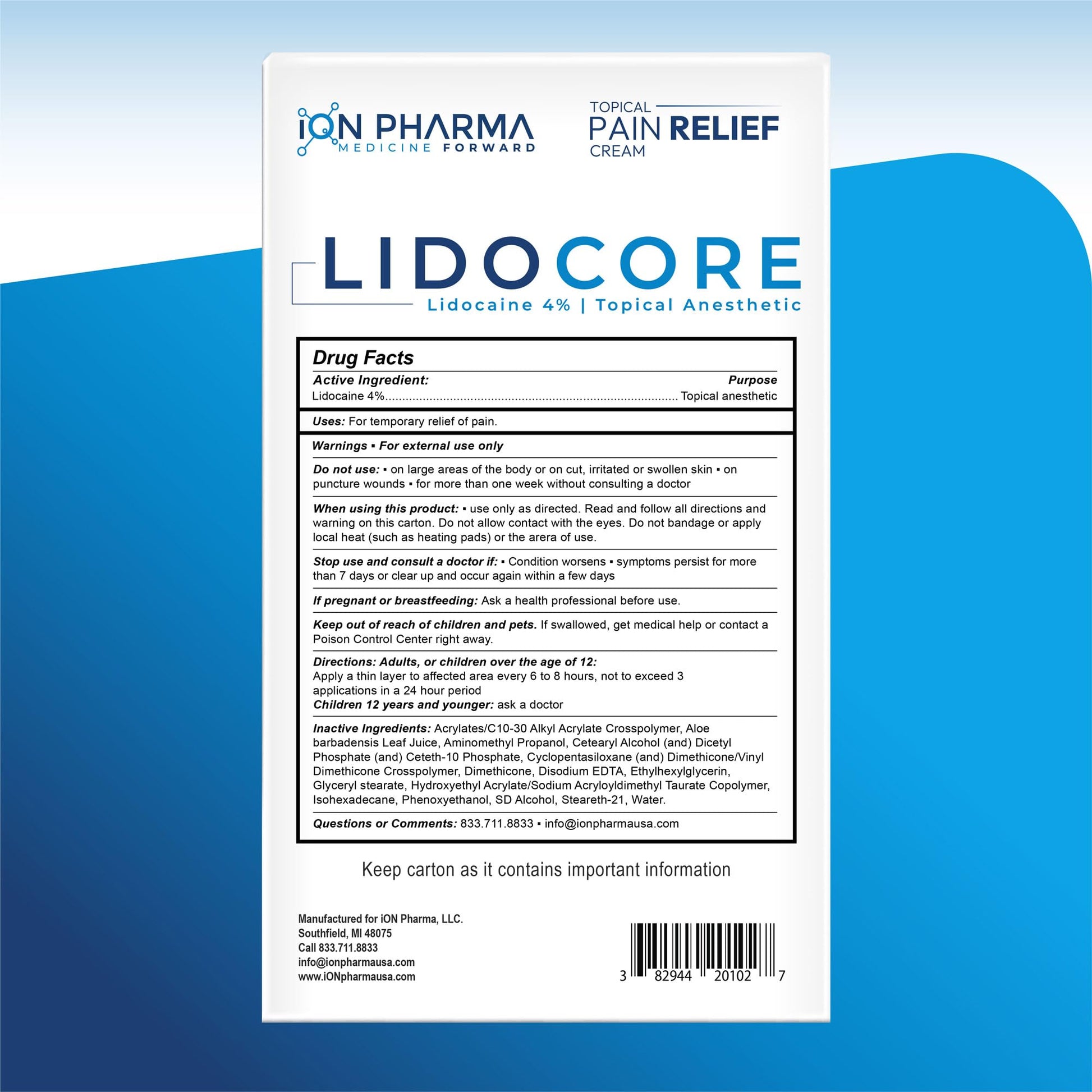 Lidocore Pain Relief Cream with 4% Lidocaine | Maximum Strength OTC | Safe & Compliant formula | Minor cuts, scrapes, insect bites, cold sores | Non-Greasy, Odor-free, Fragrance-Free | 2.7 oz (76.5 g) Lidocore Au supplements
