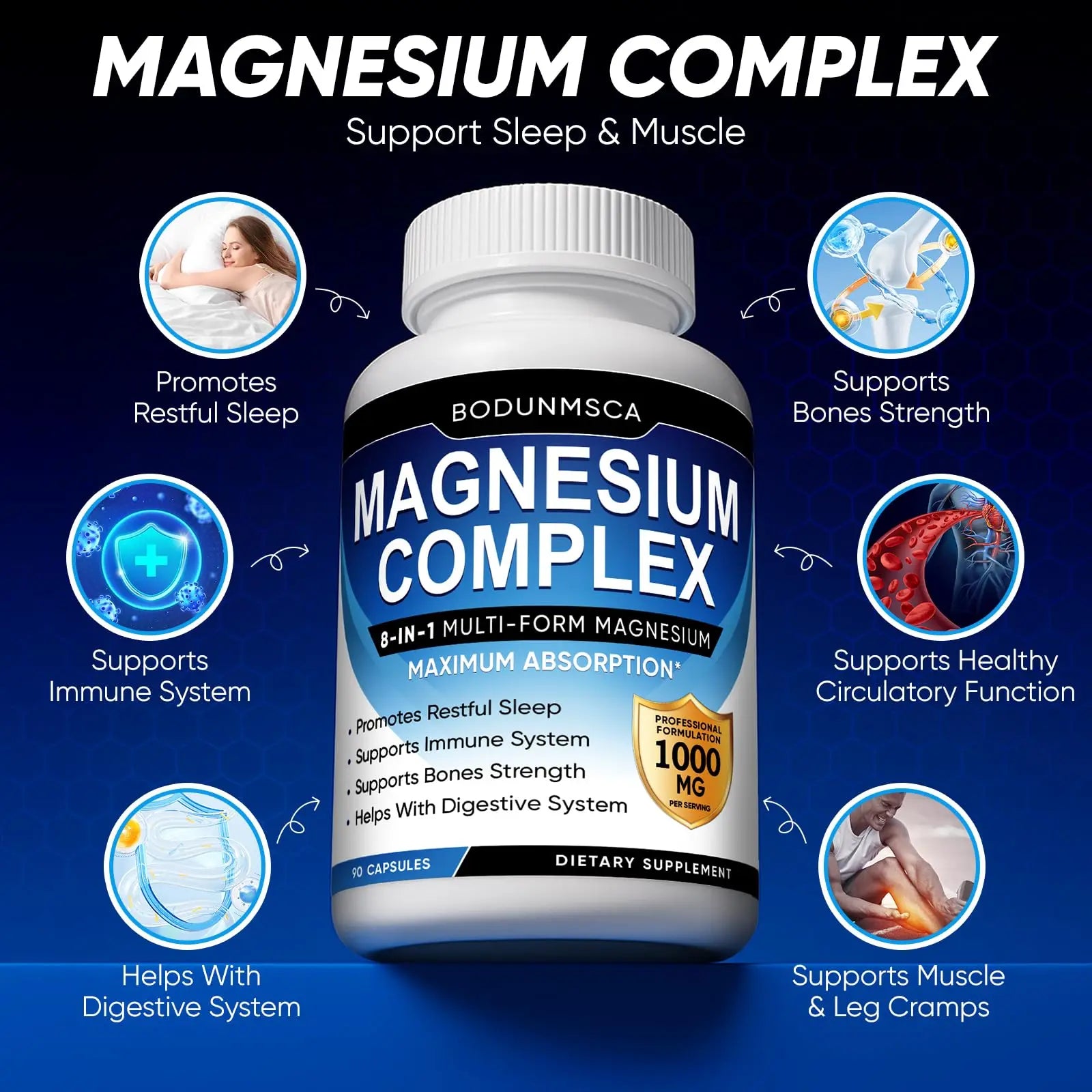 Magnesium Complex, 8 in 1, 1000mg-Glycinate, Citrate, Malate for Easy Absorption, Full Spectrum Magnesium Complex,Supports Relaxation, Sleep & Muscle Function, Magnesio Complex for Women, 180 Capsules BODUNMSCA Au supplements