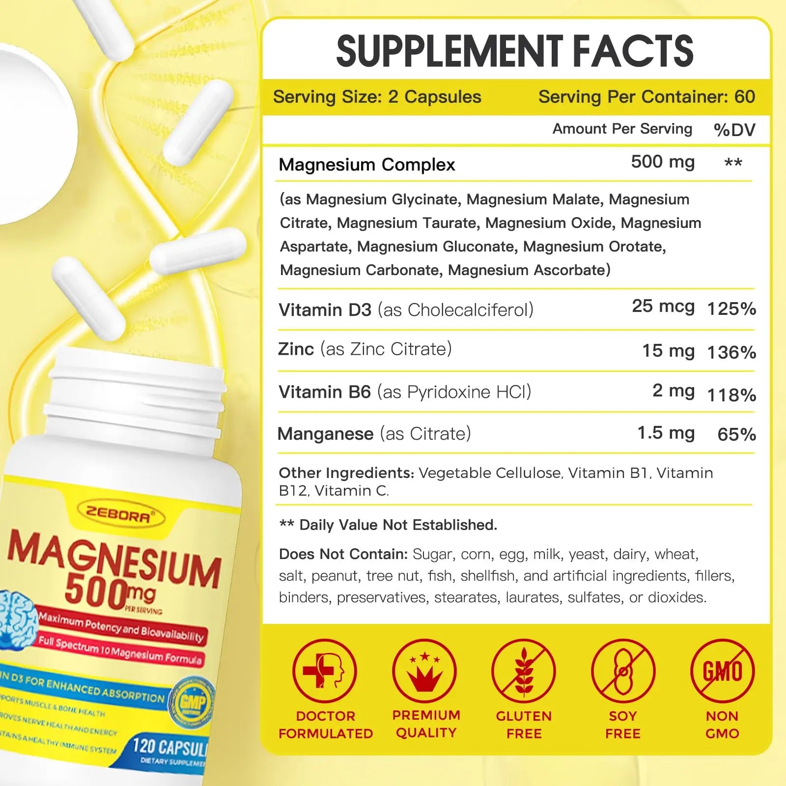 10-in-1 Magnesium Complex Supplement, Magnesium Glycinate 500mg with Citrate & Malate, Chelated High Absorption Plus Vitamin D3 & Zinc - for Nerve, Muscle & Bone Support - 120 Capsules ZEBORA Au supplements
