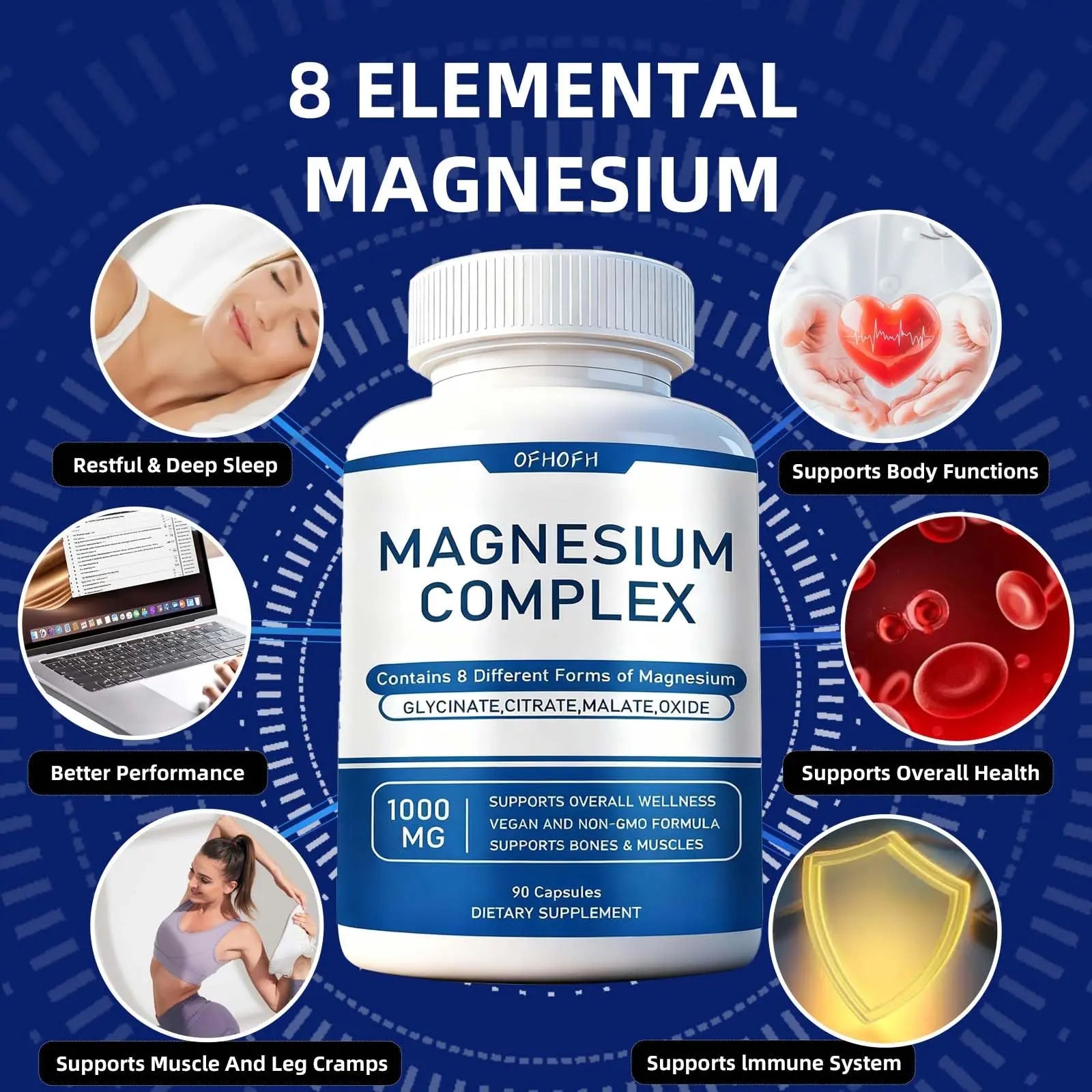 Magnesium Complex Supplement 8 Elemental - Magnesium Glycinate, Citrate, Malate, Oxide | Easy Absorption for Bones, Muscle, Energy, Vegan, Non-GMO 90 Capsules (1pc) OFHOFH Au supplements