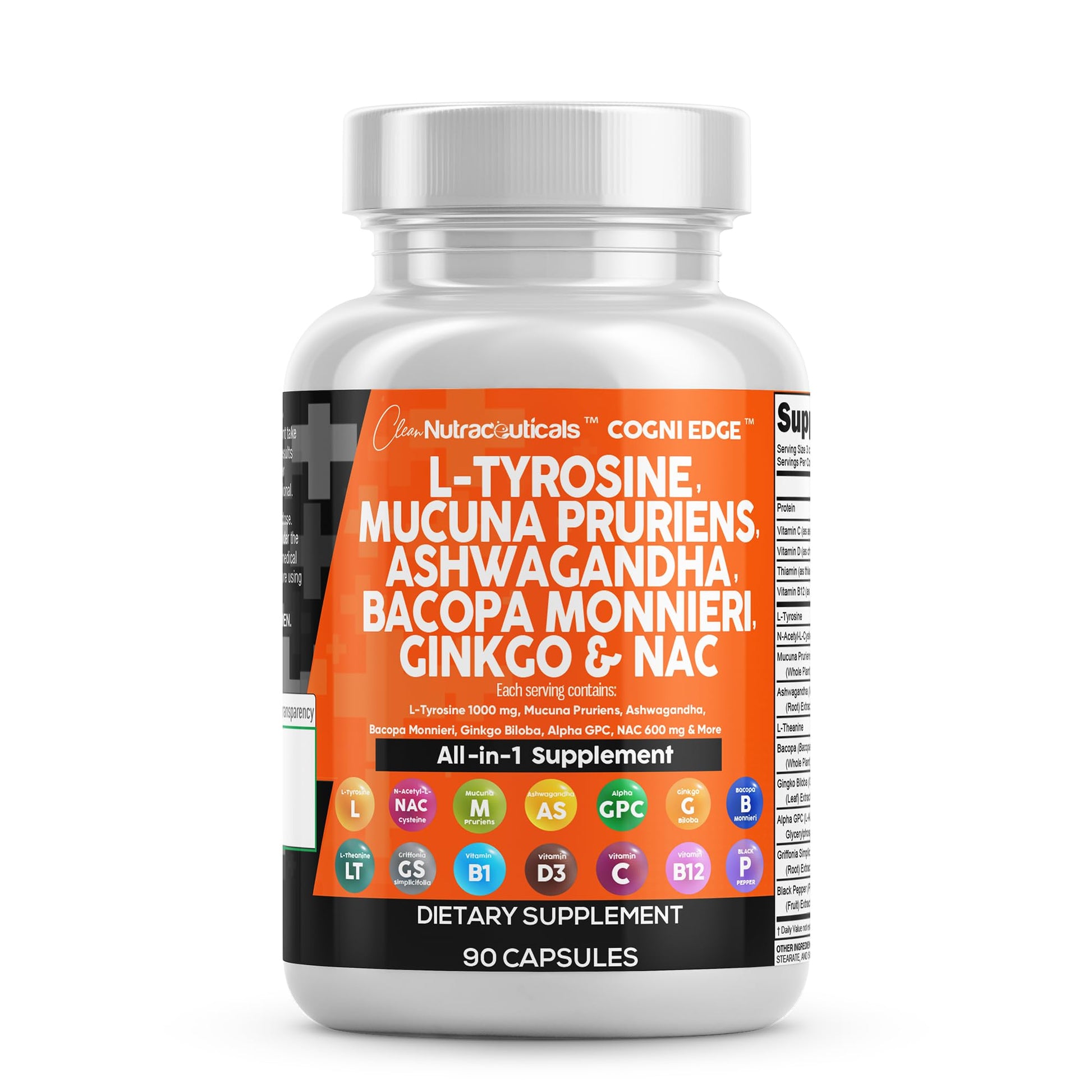 Clean Nutraceuticals L Tyrosine Mucuna Pruriens Bacopa Monnieri Ashwagandha Focus Supplement w/N-Acetyl Cysteine NAC 5-HTP Ginkgo Biloba Alpha GPC Vitamin C D B1 B12 Clean Nutraceuticals Au supplements