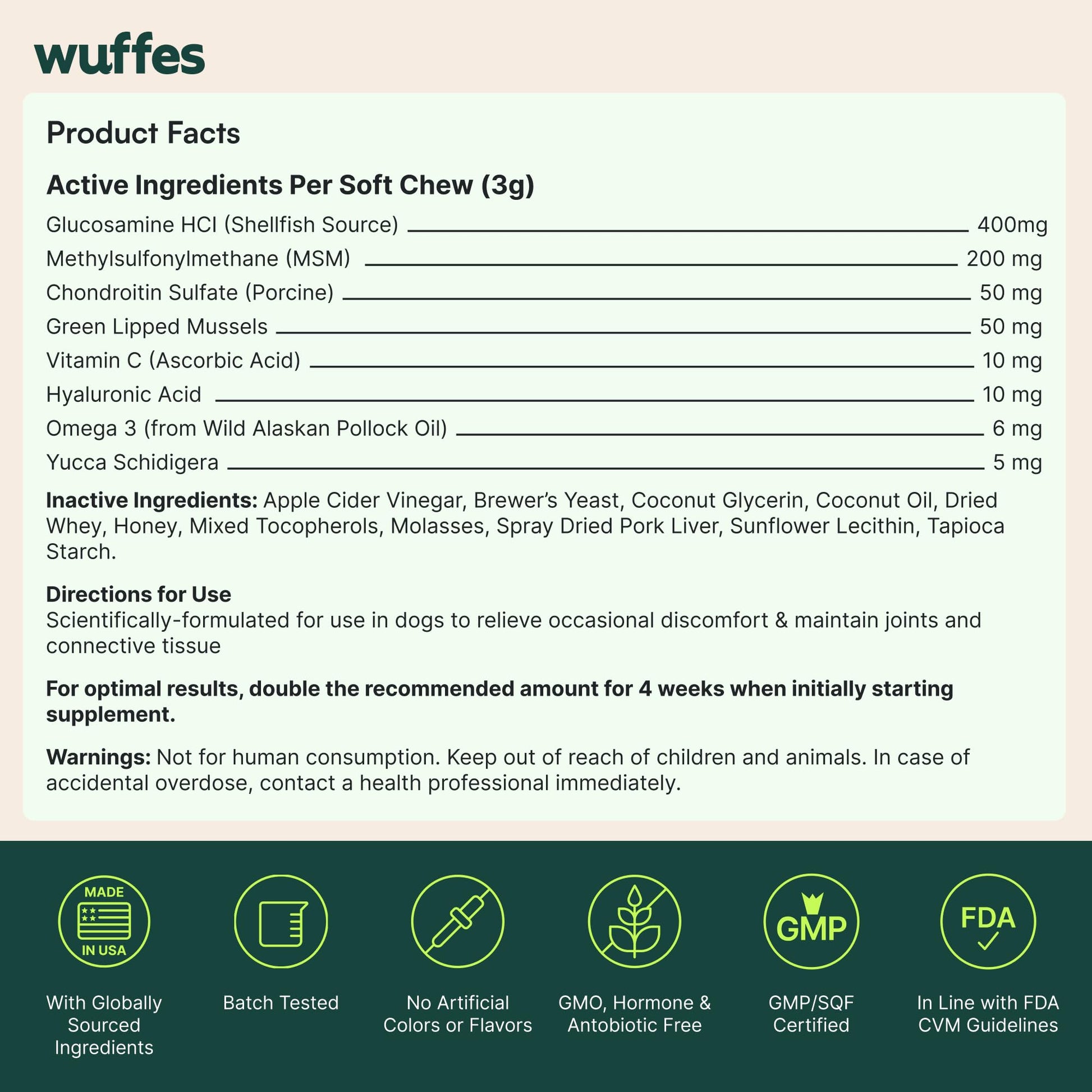 Wuffes Advanced Dog Hip and Joint Supplement with Glucosamine, Chondroitin, Omega 3, MSM, and Green Lipped Mussel, 60 Pork Flavored Chews for Small and Medium Dog Breeds Wuffes Au supplements