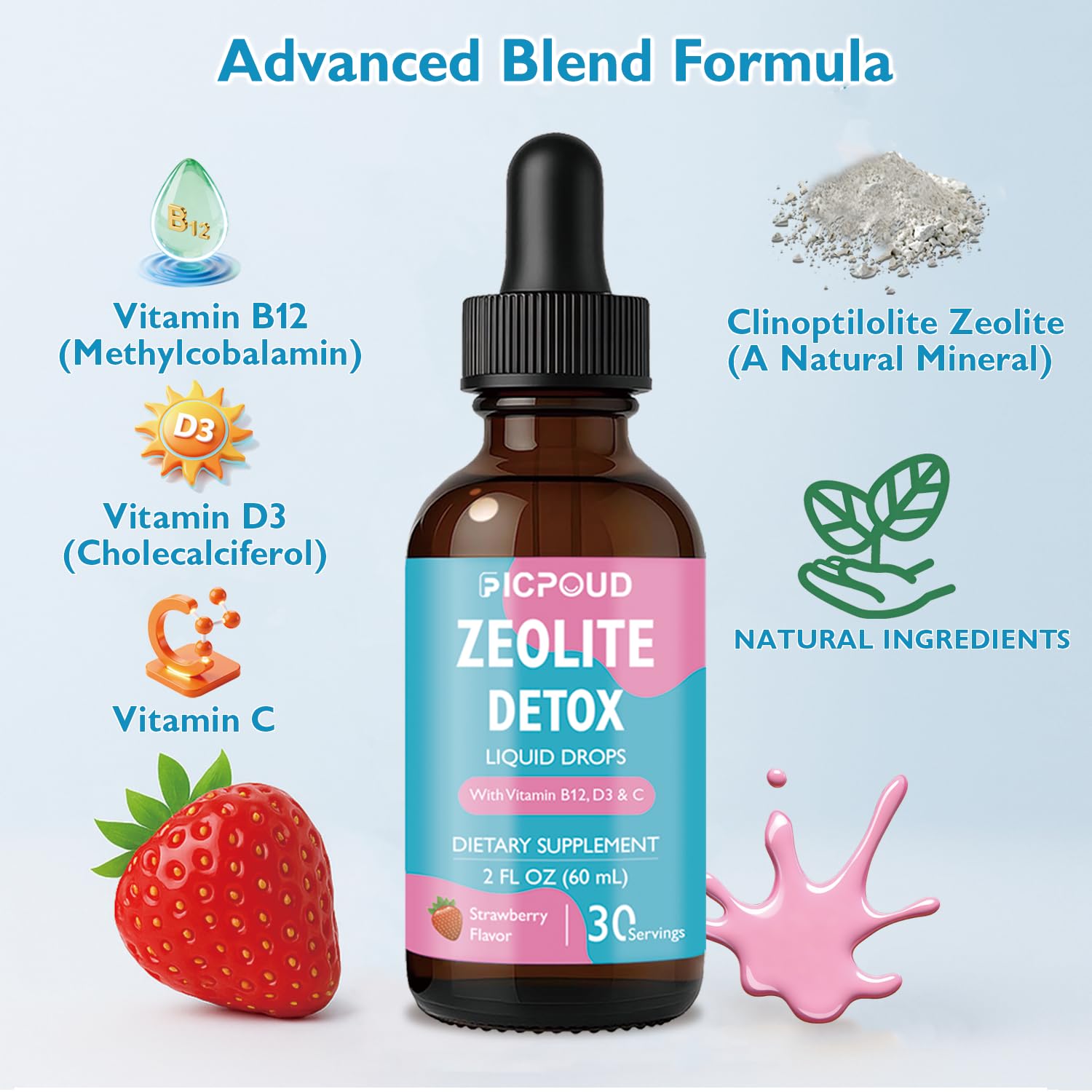 Ficpoud Zeolite Detox for Kids & Adults – Pure Zeolite clinoptilolite Liquid Drops with Vitamin B12, C & D3 – Gentle Daily Cleanse for Gut, Immune, Energy & Speech Support, Strawberry Flavor, 2 Fl Oz Ficpoud Au supplements