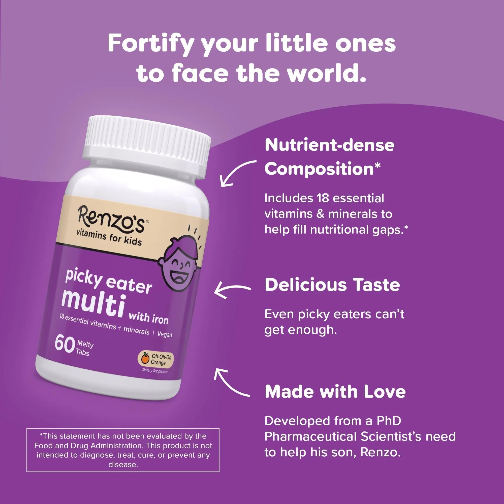 Renzo's Picky Eater Kids Multivitamin with Iron, Dissolving Kids Vitamins with Vitamin D3 and K2 and More, 60 Sugar-Free Melty Tabs Renzo's Au supplements