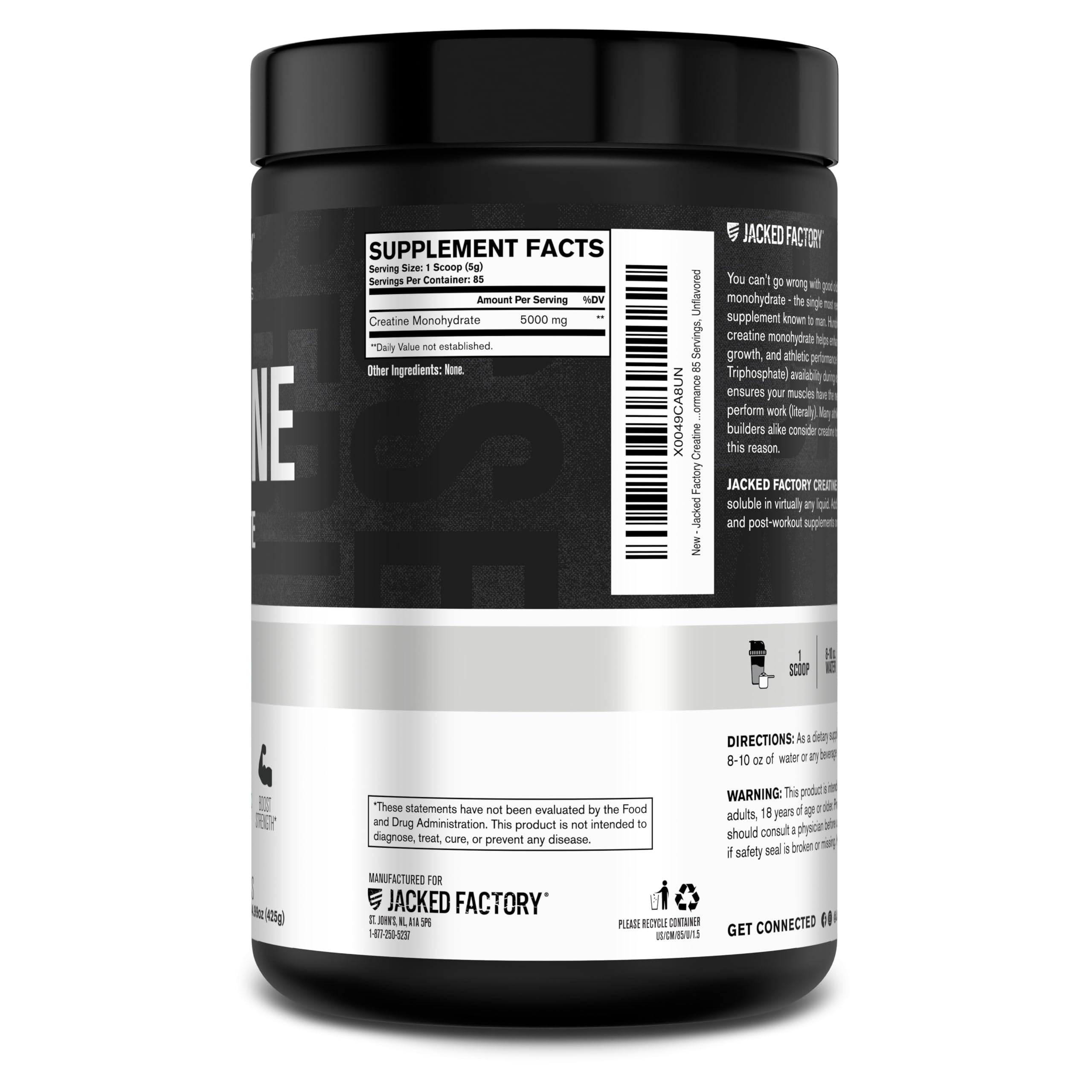 Jacked Factory Creatine Monohydrate Powder 425g - 5g Daily Creatine Supplement for Men and Women, Vegan-Friendly, Third-Party Tested - 85 Servings, Unflavored Jacked Factory Au supplements