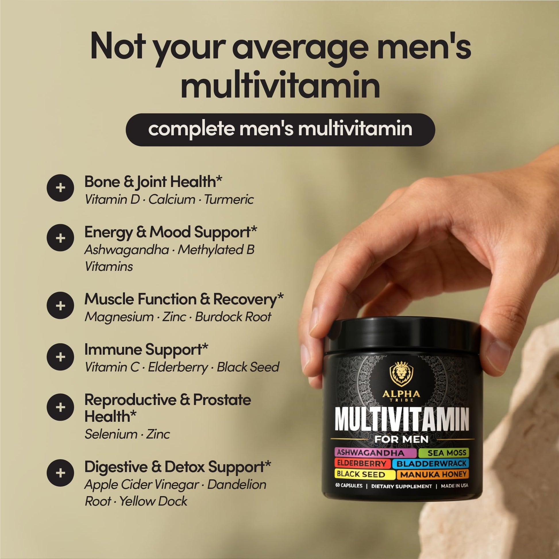 Alpha Tribe Multivitamin for Men & Organizer w/Seamoss Black Seed Oil Ashwagandha Burdock Root Turmeric Bladderwrack Vitamin C | Daily Men's Vitamins & Minerals Supplement | 60 Count Alpha Tribe Au supplements