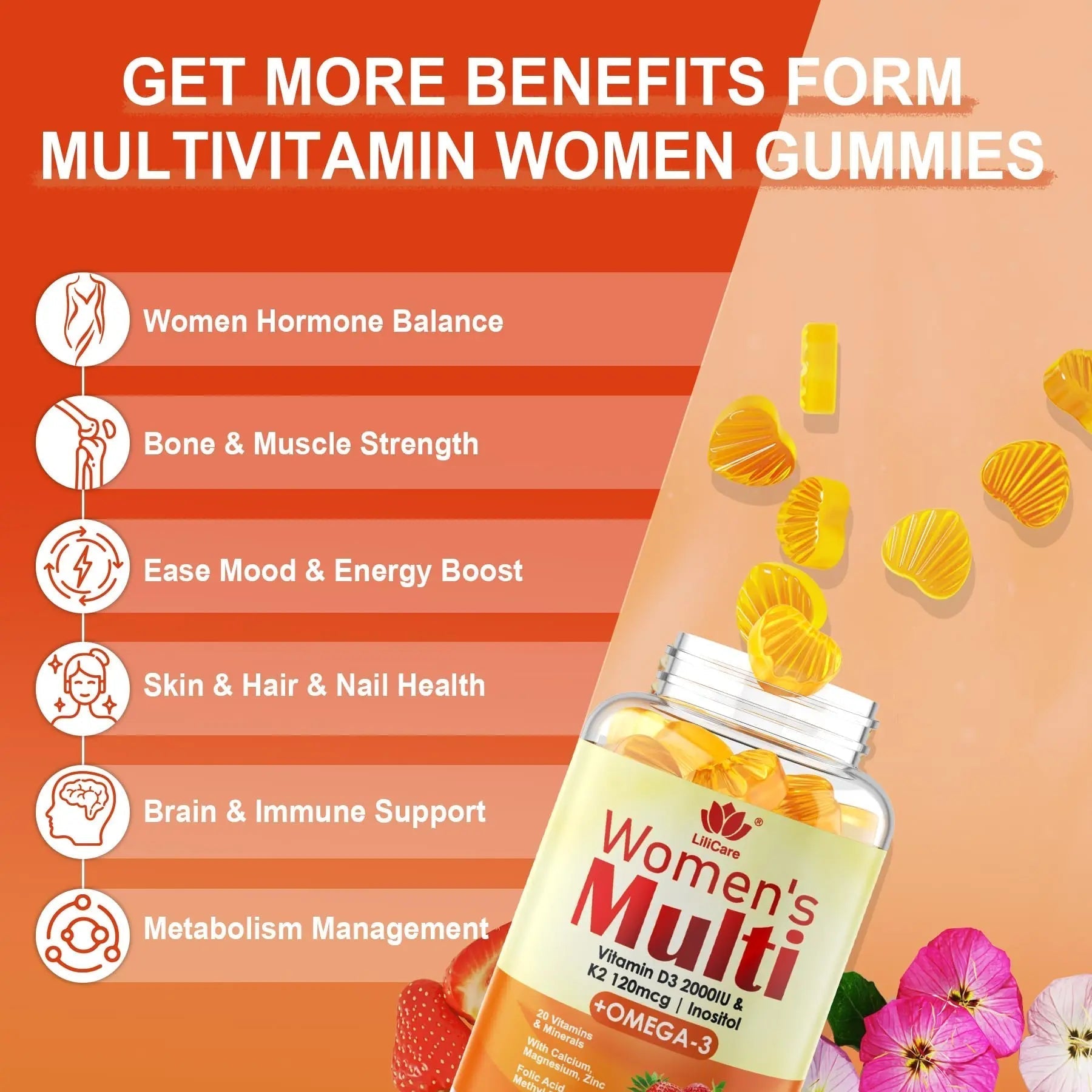 Womens Multivitamin Gummy with Omega 3（DHA/EPA), Vitamin D3 K2, Calcium, Inositol, Daily Womens Vitamin A C E B Complex LILICARE Au supplements