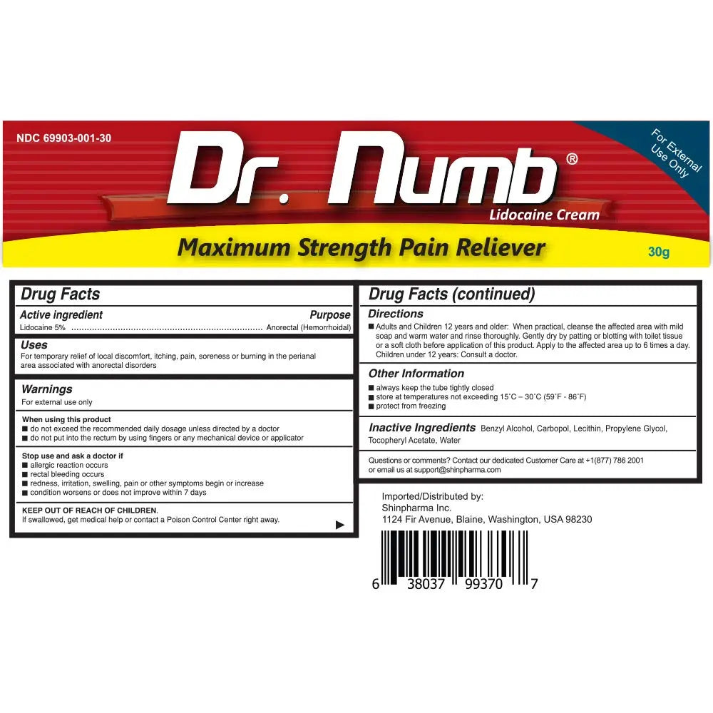 Dr. Numb 5% Lidocaine Numbing Cream, Fast-Acting Maximum Strength Topical Anesthetic Pain Relief Burn Itch Numb Cream with Vitamin E for Hemorrhoid Treatment, Local and Anorectal Uses - 30g Dr. Numb Au supplements