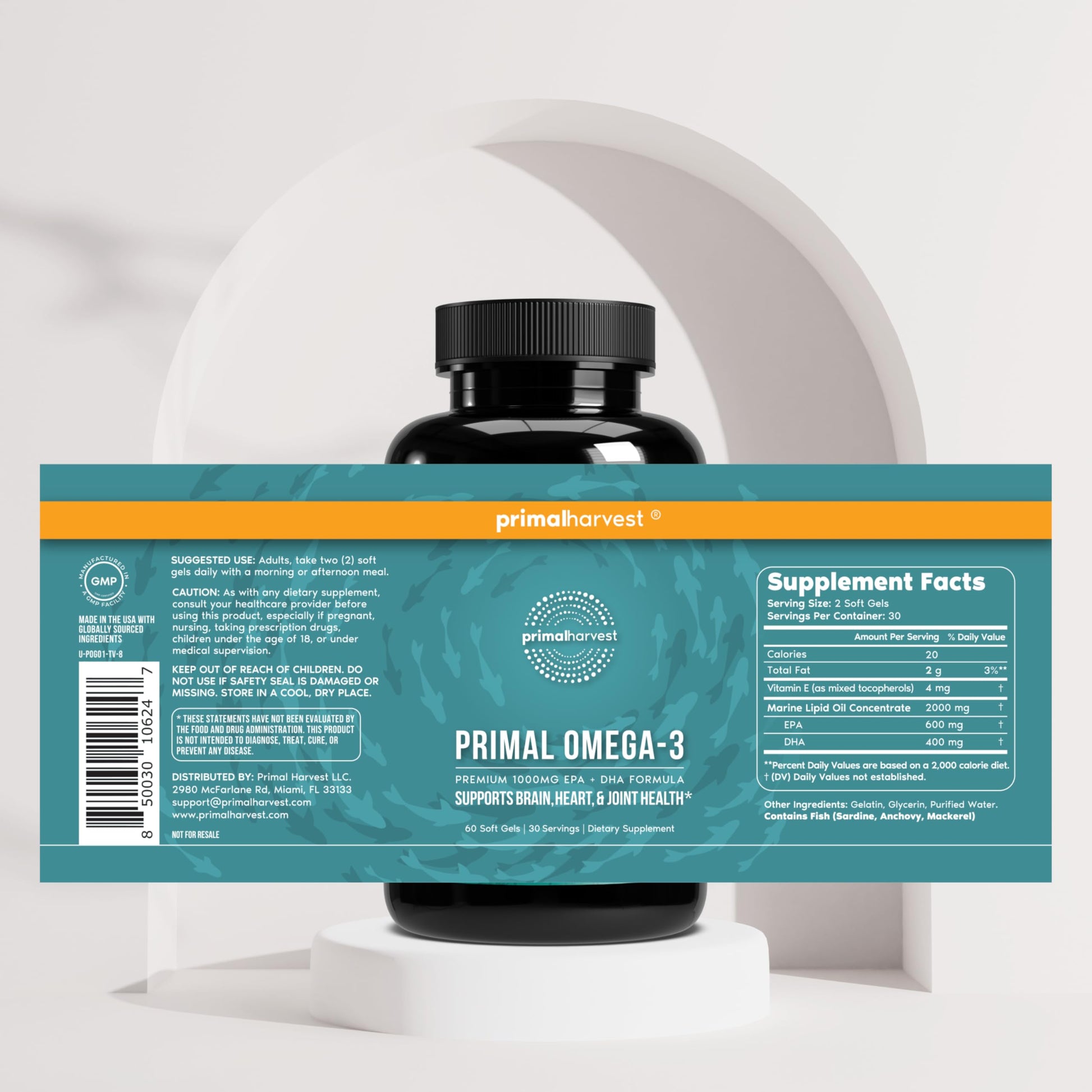 Primal Harvest Omega 3 Fish Oil Supplements, 30 Servings Soft Gels Capsules w/ 1000mg EPA + DHA Supplements, No Fishy Burps Non-GMO Omega 3 Fatty Acid Primal Harvest Au supplements