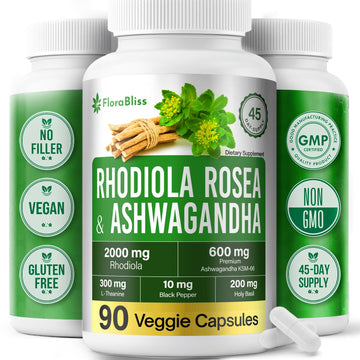 FloraBliss Rhodiola Rosea with Ashwagandha KSM-66, L-Theanine, Holy Basil & Black Pepper - 90 High Potency Vegan Capsules - 45-Day Supply FloraBliss Au supplements