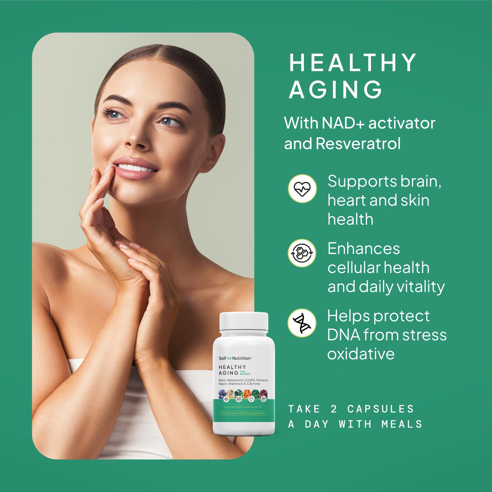 SELF NUTRITION NAD+ Resveratrol Supplement for Women – Healthy Aging Formula with CoQ10, Biotin, Turmeric & Vitamins A, C, E – Supports Energy, Skin & Longevity – 60 Capsules. Made in USA. SELF NUTRITION Au supplements