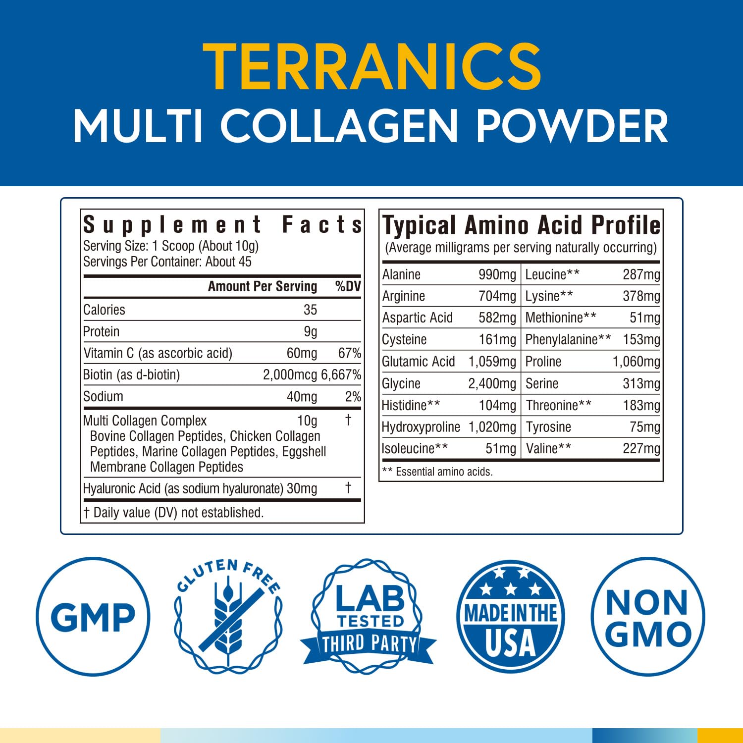Terranics Multi Collagen Powder Type I II II V X with Biotin VC Hyaluronic Acid, Paleo Terranics Au supplements