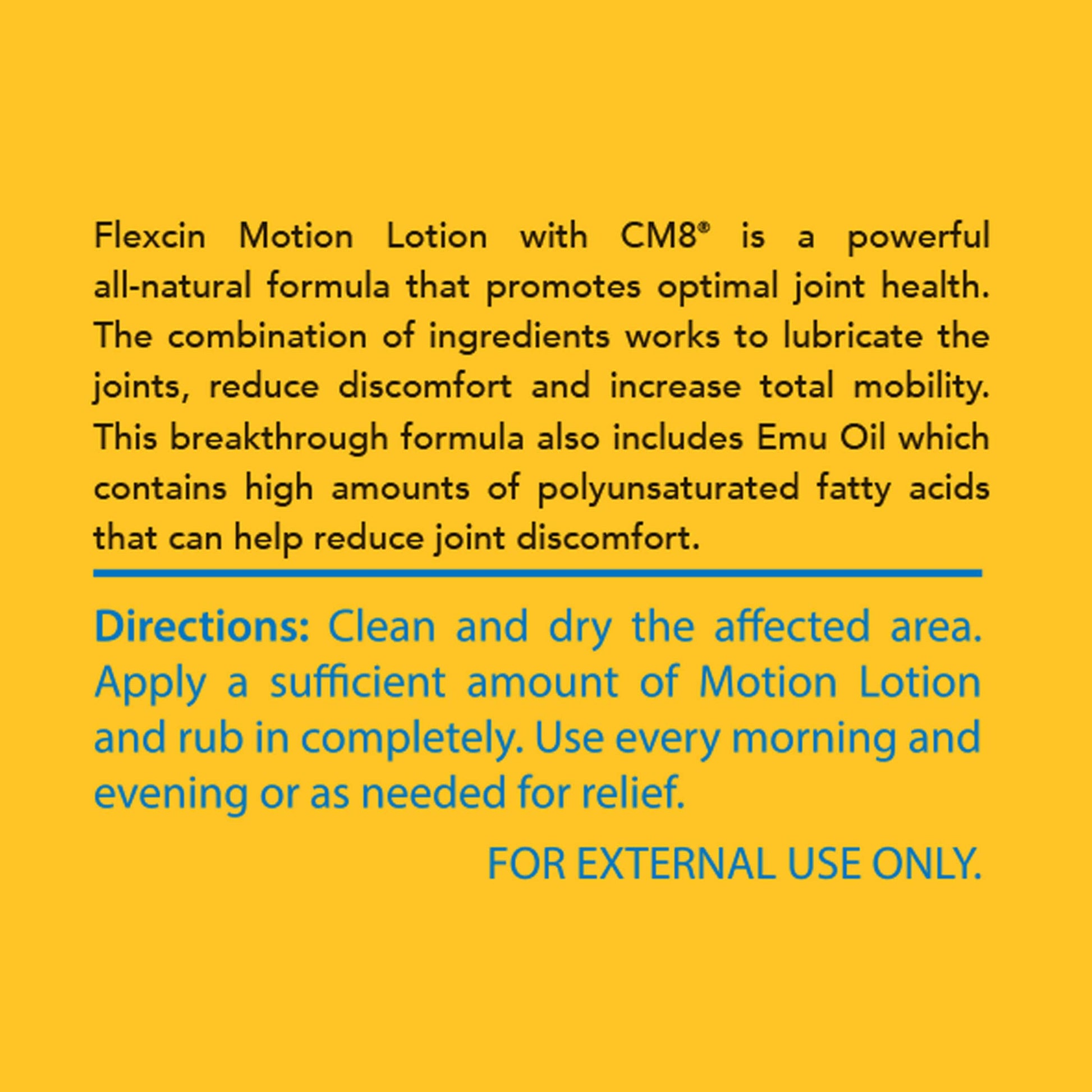 Flexcin Motion Lotion with CM8 - Joint & Muscle Therapy Cream for Back, Neck, Knee, Hand, Foot - Fast Absorbing with DMSO, Emu Oil, Aloe Vera - Non-Greasy 4oz Jar Flexcin Au supplements