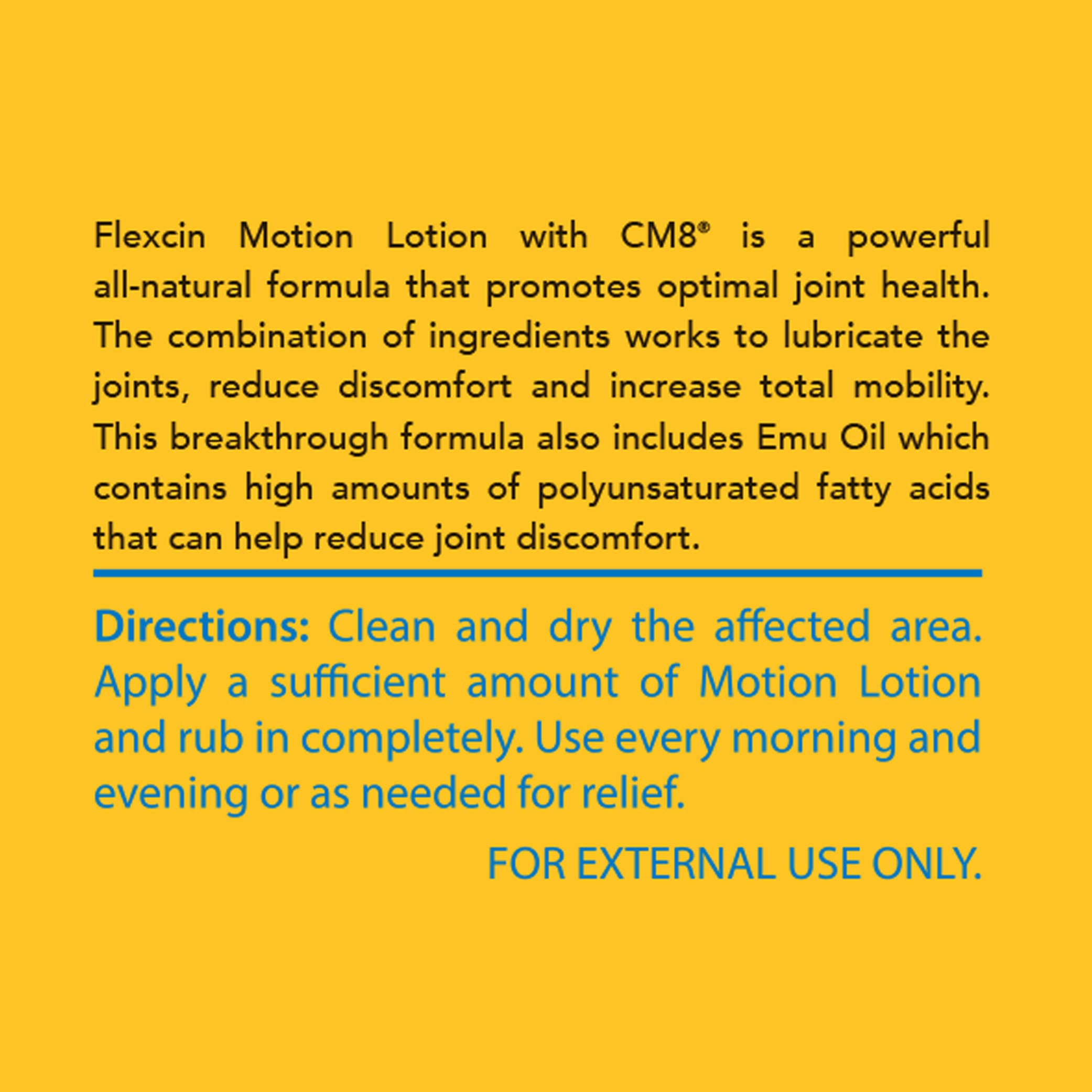 Flexcin Motion Lotion with CM8 - Joint & Muscle Therapy Cream for Back, Neck, Knee, Hand, Foot - Fast Absorbing with DMSO, Emu Oil, Aloe Vera - Non-Greasy 4oz Jar Flexcin Au supplements