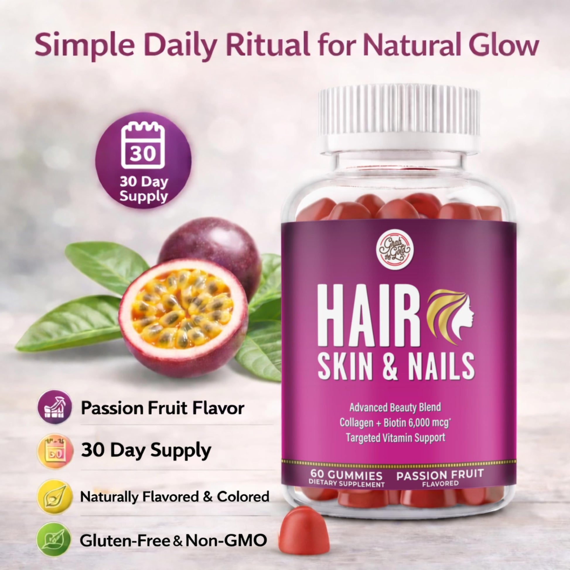 Grab The Gold Hair Skin & Nails Vitamins for Women | Gummies with 6000mcg Biotin & Collagen | 10 Essential Vitamin & Minerals | Gluten-Free, Non-GMO, Passion Fruit Flavor | 1 Month Supply, Made in USA Grab The Gold Au supplements