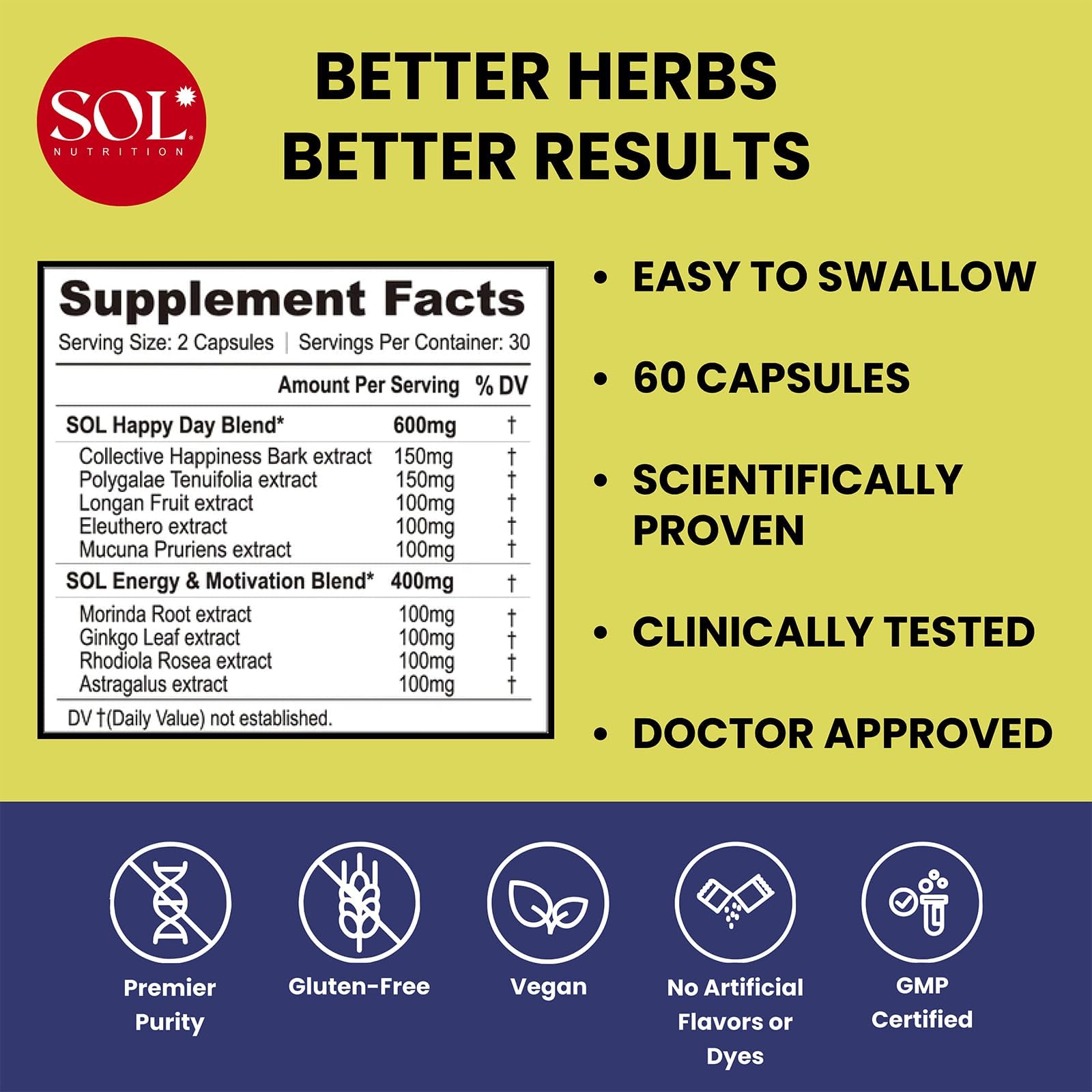 Sol Nutrition Happy Day Supplement: Combining The Natural Herbal Properties of Collective Happiness Bark, Astragalus, and Gingko Biloba to Support a Healthy Lifestyle - 60 Easy to Swallow Capsules Sol Nutrition Au supplements