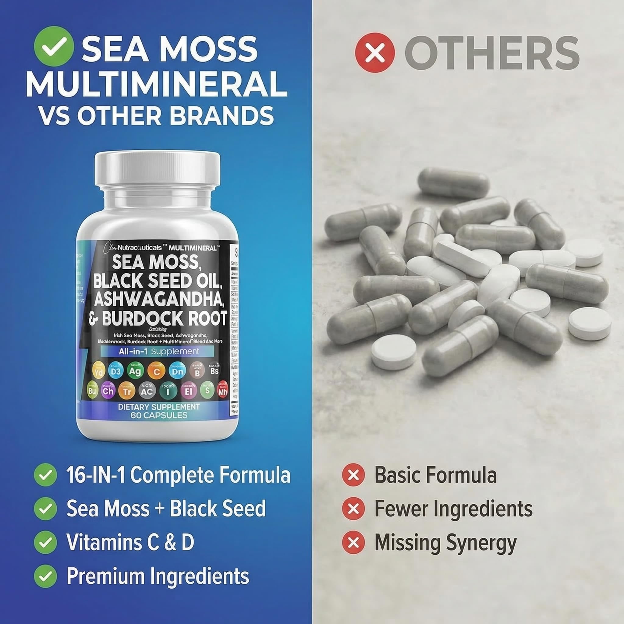 Clean Nutraceuticals Sea Moss Black Seed Oil Ashwagandha Turmeric Bladderwrack Burdock & Vitamin C Vitamin D3 with Elderberry Manuka Dandelion Yellow Dock Iodine Chlorophyll ACV Clean Nutraceuticals Au supplements